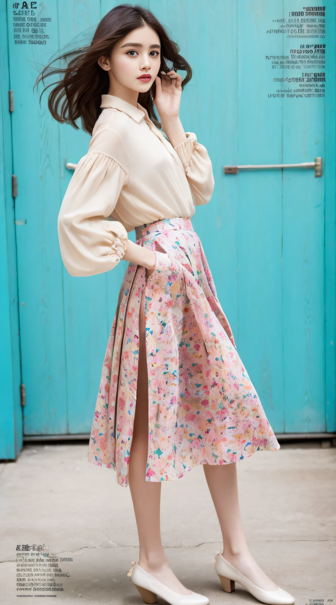 A super beautiful girl,Big bright eyes,Cool feeling,(fashion magazine coer:1.3),(midi skirt, tucked-in blouse, ballet flats)