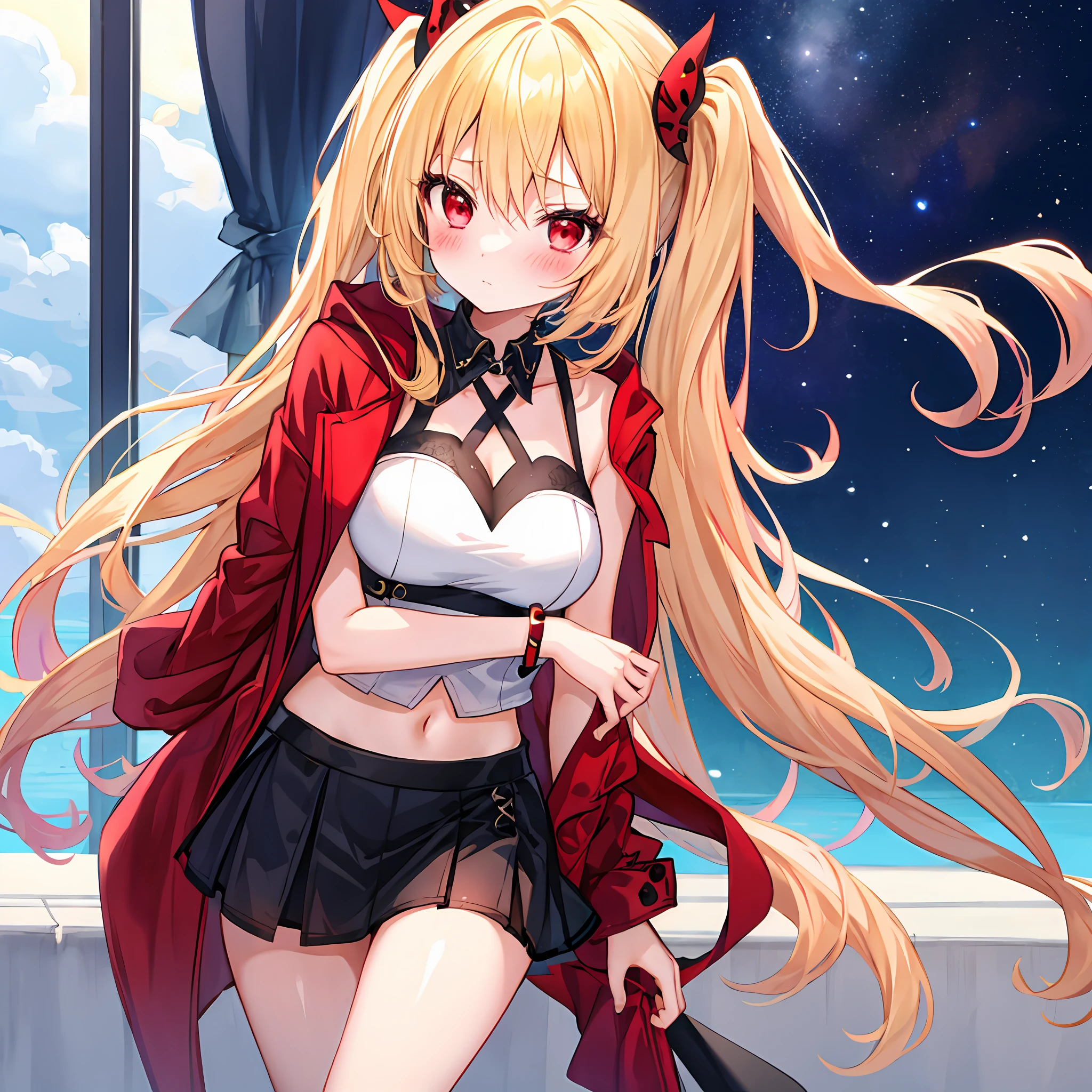 red blush、blonde  hair、red eyes、Beautiful girl alone、animesque、a miniskirt、A sexy