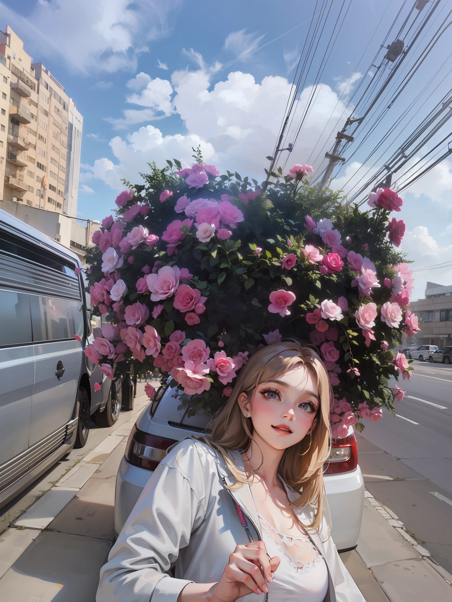 Uma Barbie toda de rosa choque, manga-style, sorrindo, cabelo rosa, em neon,roupa rosa, blusa rosa choque, realista, 8k, detalhes intrincados