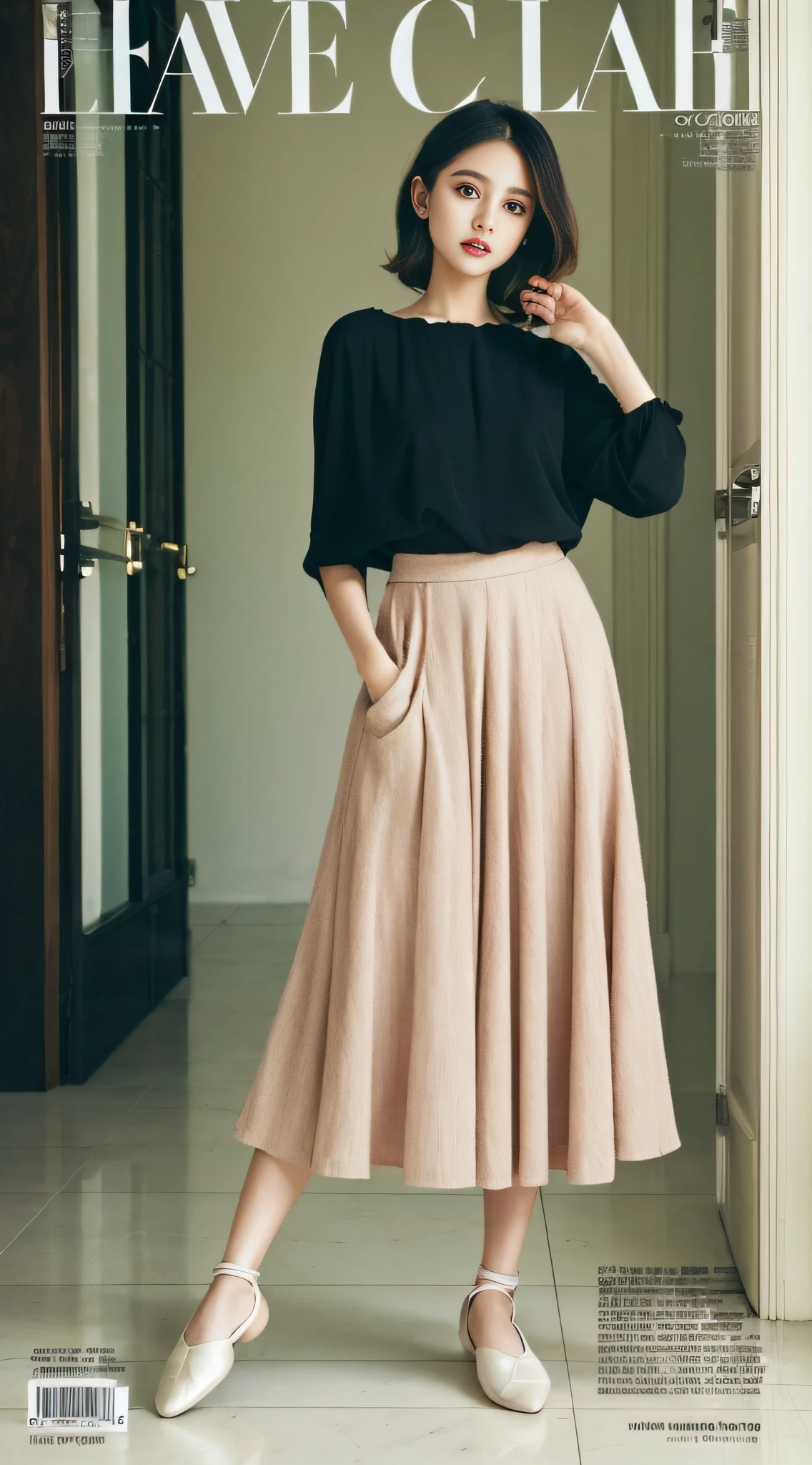 A super beautiful girl,Big bright eyes,Cool feeling,(fashion magazine coer:1.3),(midi skirt, tucked-in blouse, ballet flats)