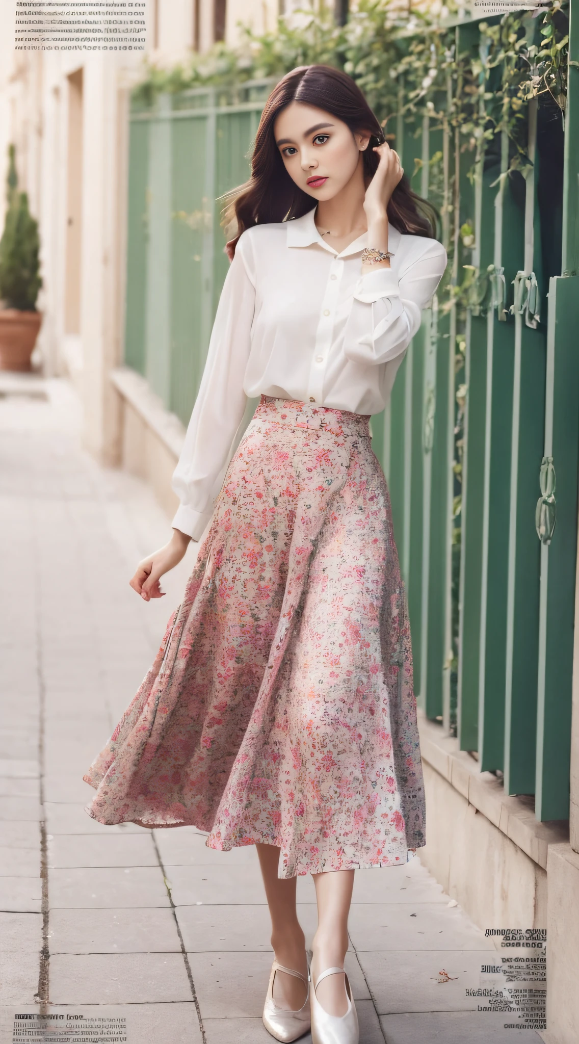 A super beautiful girl，Big bright eyes，Cool feeling，(fashion magazine coer:1.3)，（midi skirt, tucked-in blouse, ballet flats）