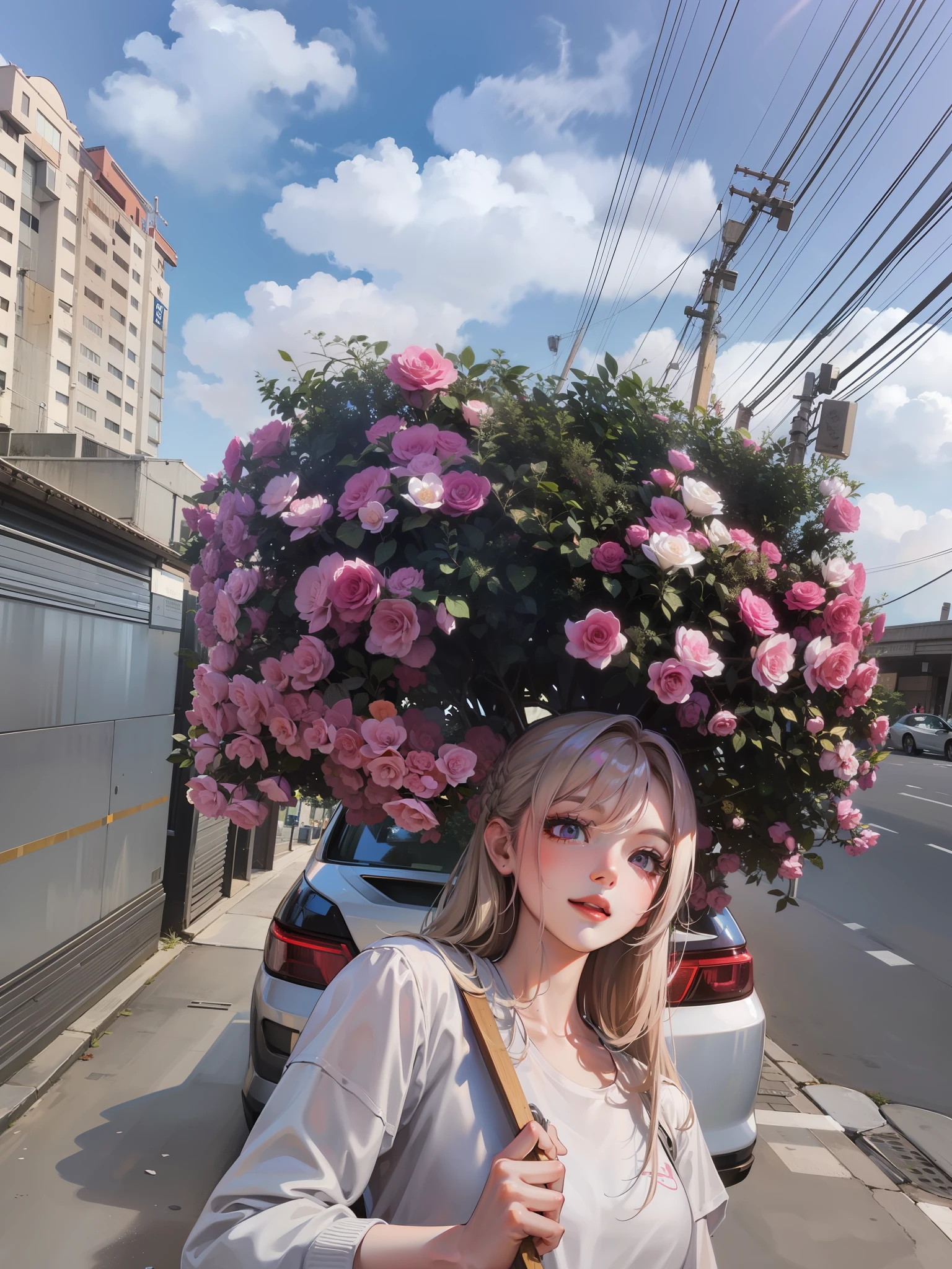 Uma Barbie toda de rosa choque, manga-style, sorrindo, cabelo rosa, em neon,roupa rosa, blusa rosa choque, realista, 8k, detalhes intrincados
