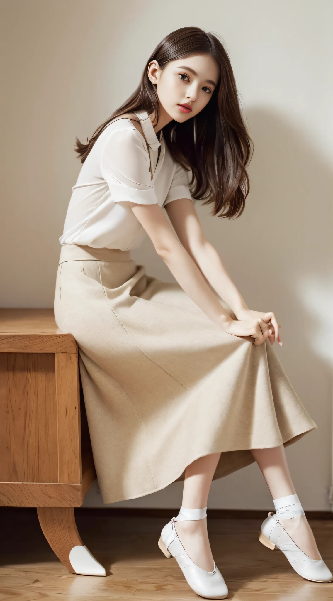 A super beautiful girl，Big bright eyes，Cool feeling，(fashion magazine coer:1.3)，（midi skirt, tucked-in blouse, ballet flats）