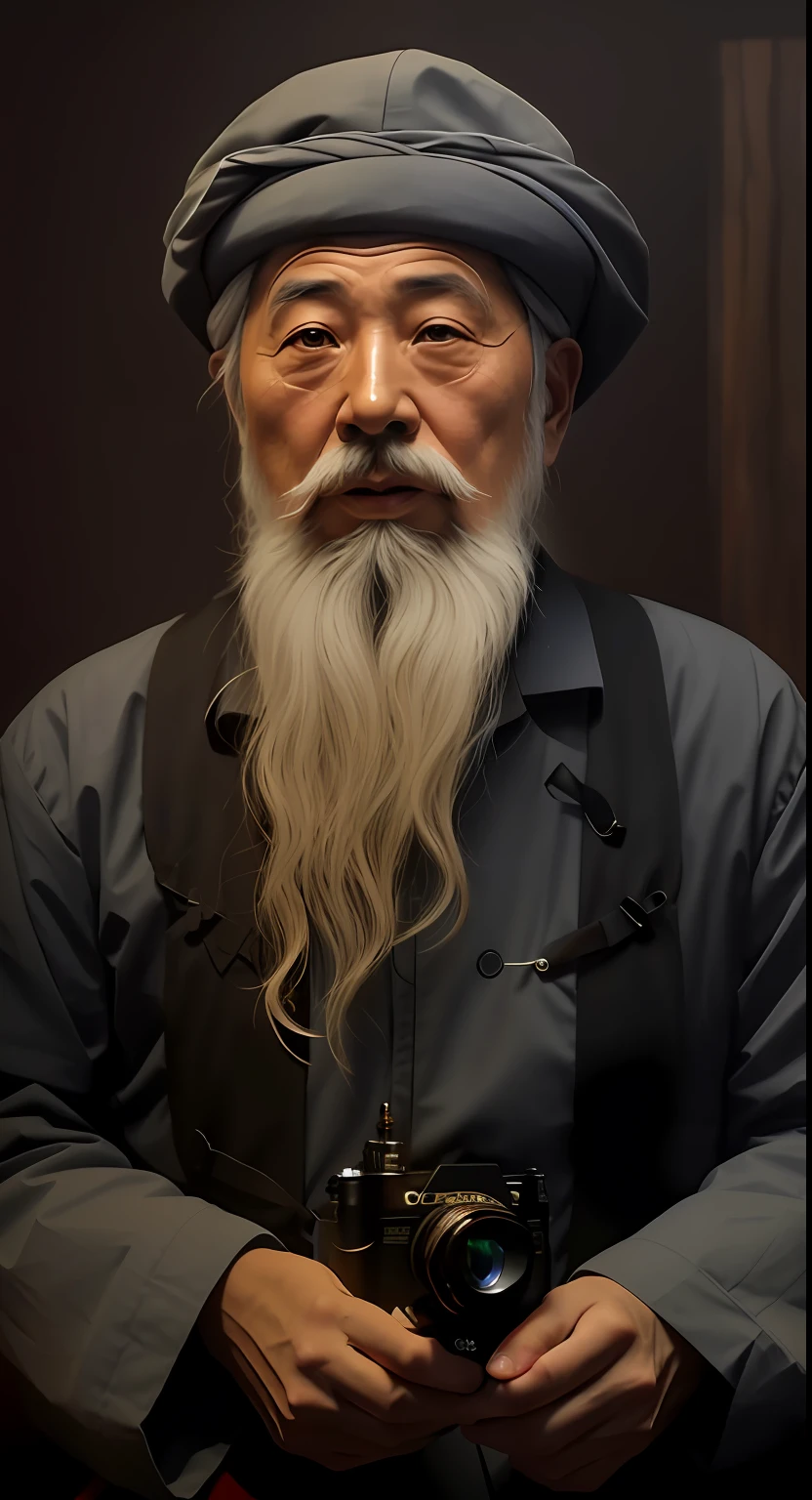 with a long beard,Arad man wearing a blue hat holding a camera, inspired by Wu Daozi, chinese artist, inspired by Li Zai, inspired by Hu Zao, inspired by Wang Shimin, Inspired by Liu Jue, an 80 year old man, inspired by Li Shan, portrait photo of an old man, inspired by Li Shixing