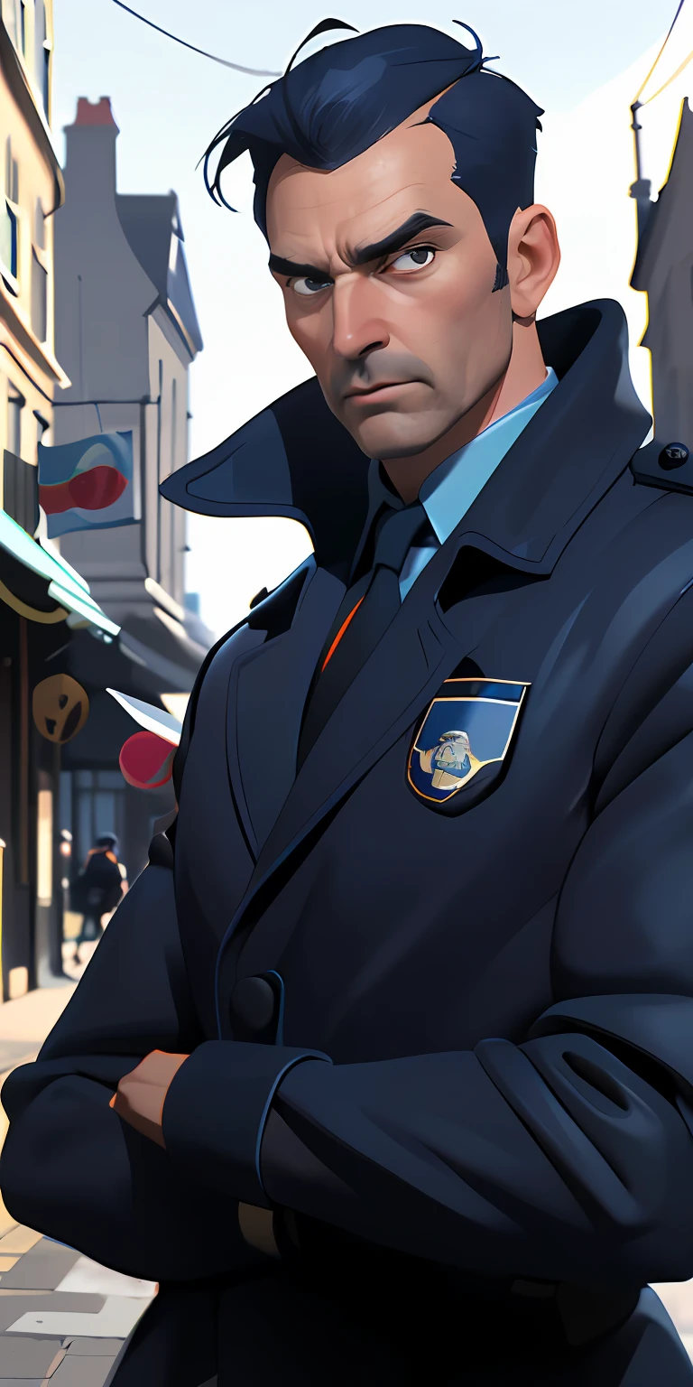 (Character: one English man, 40 years old, police, serious expression, short windswept  hair, strong body)
(Clothing: blue police coat, tie)
(best quality, masterpiece),looking at viewer, upper body, blurry, street)