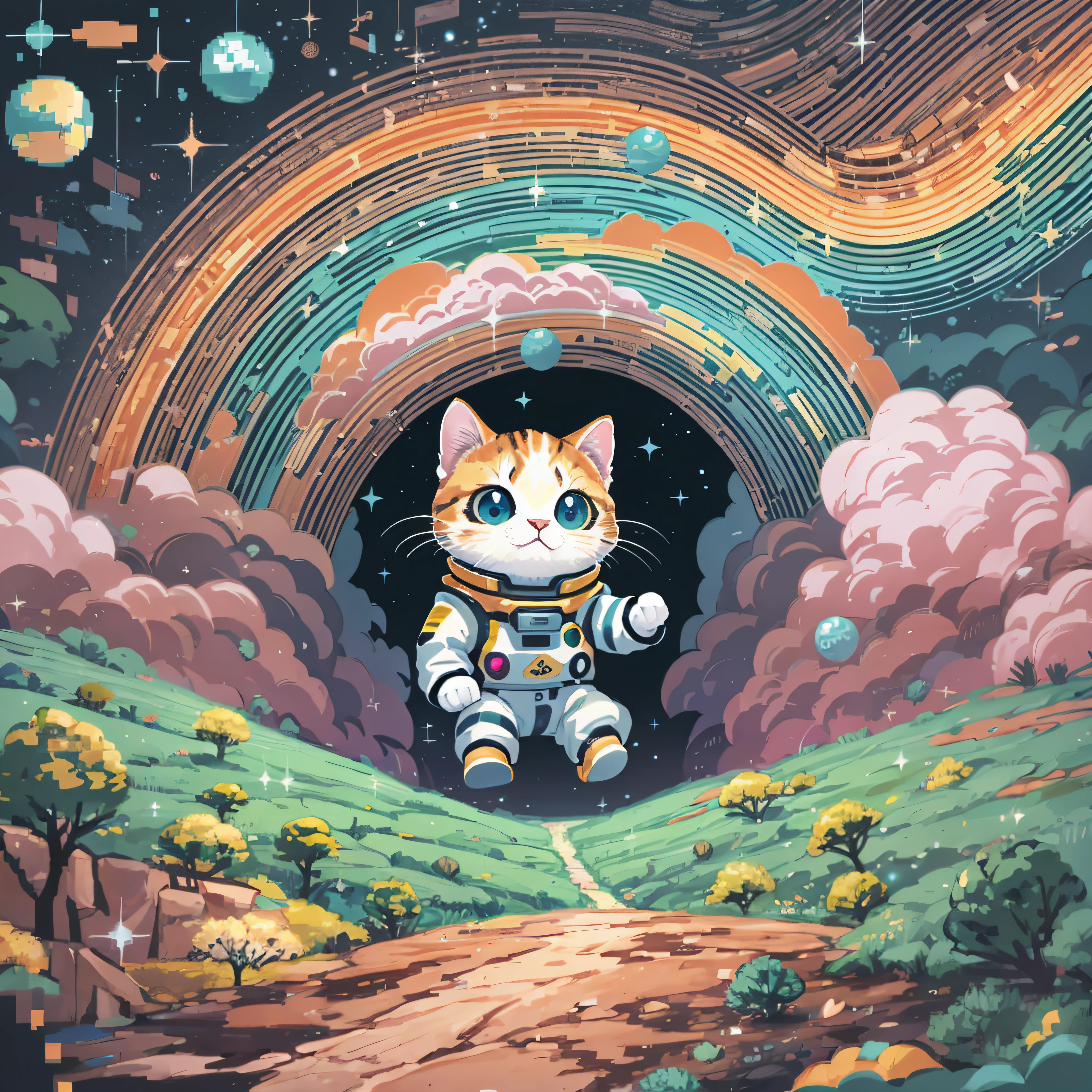 64pixels art, pixel art, very details adorable baby cat, lost in galaxy background, Tshirt design, streetwear design, pro vector, pixel 64bits style, full design, 6 colors only, solid colors, no shadows, full design, warm colors, sticker, bright colors, galaxy environment, Capturing A whimsical, head, spaceship, wearing a nano space suit, winter spring wind rainbow a sprinkle of edible glitter in dream magical ground, trippy, 8k, vivid, ultra details, colourful lighting, surreal photography, portrait, fancy