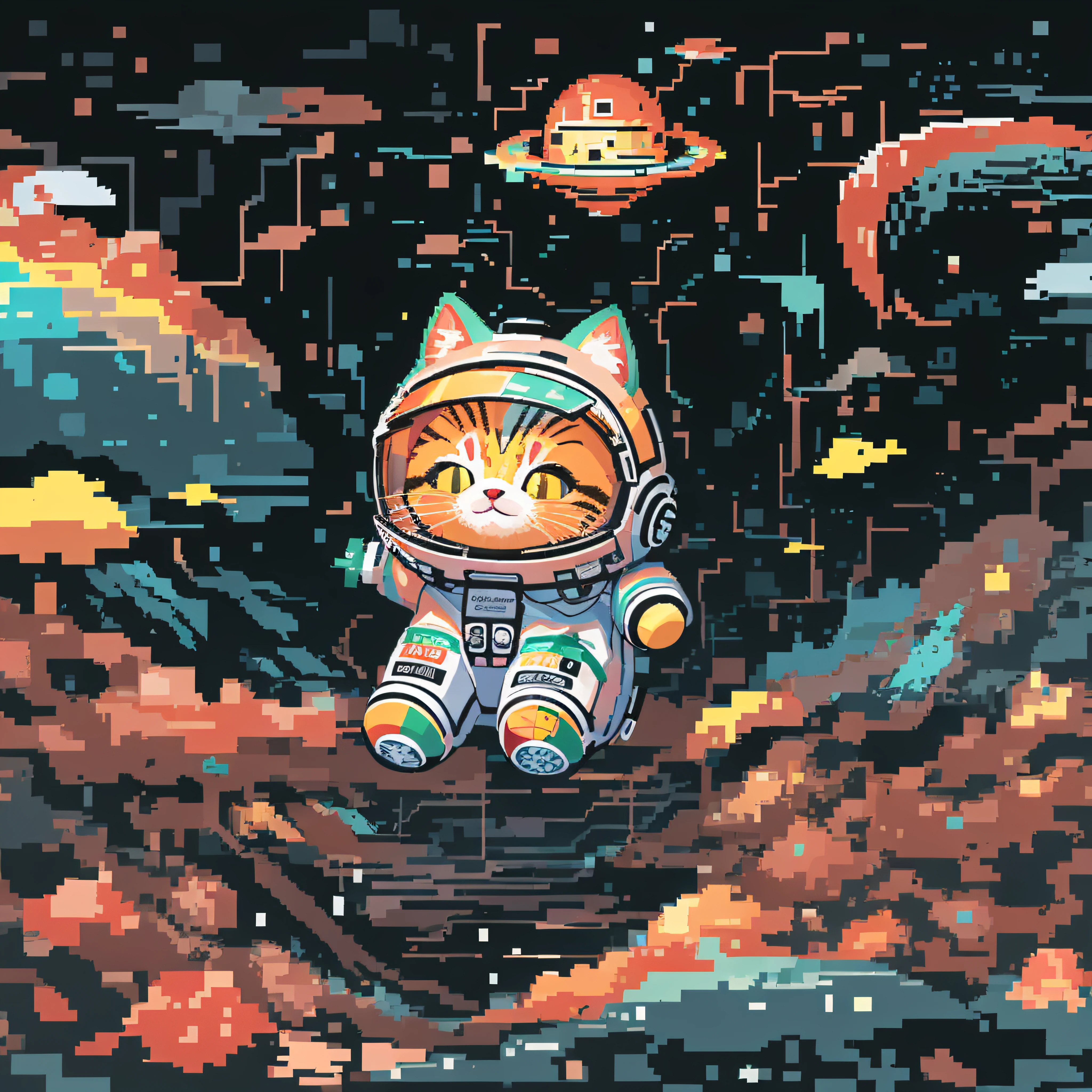 64pixels art, pixel art, very details adorable  cat, lost in galaxy background, Tshirt design, streetwear design, pro vector, pixel 64bits style, full design, 6 colors only, solid colors, no shadows, full design, warm colors, sticker, bright colors, galaxy environment, Capturing A whimsical, head, spaceship, wearing a nano space suit, winter spring wind rainbow a sprinkle of edible glitter in dream magical ground, trippy, 8k, vivid, ultra details, colourful lighting, surreal photography, portrait, fancy