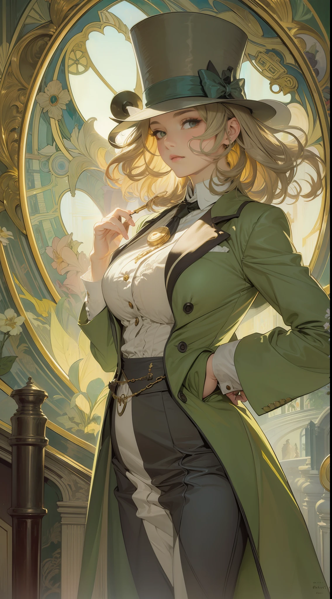 Beautiful lady, Alphonse Mucha's style、top hat、tailcoat, jacket, necktie, monocle, light reflections, Oil Painting, voluminetric lighting,
