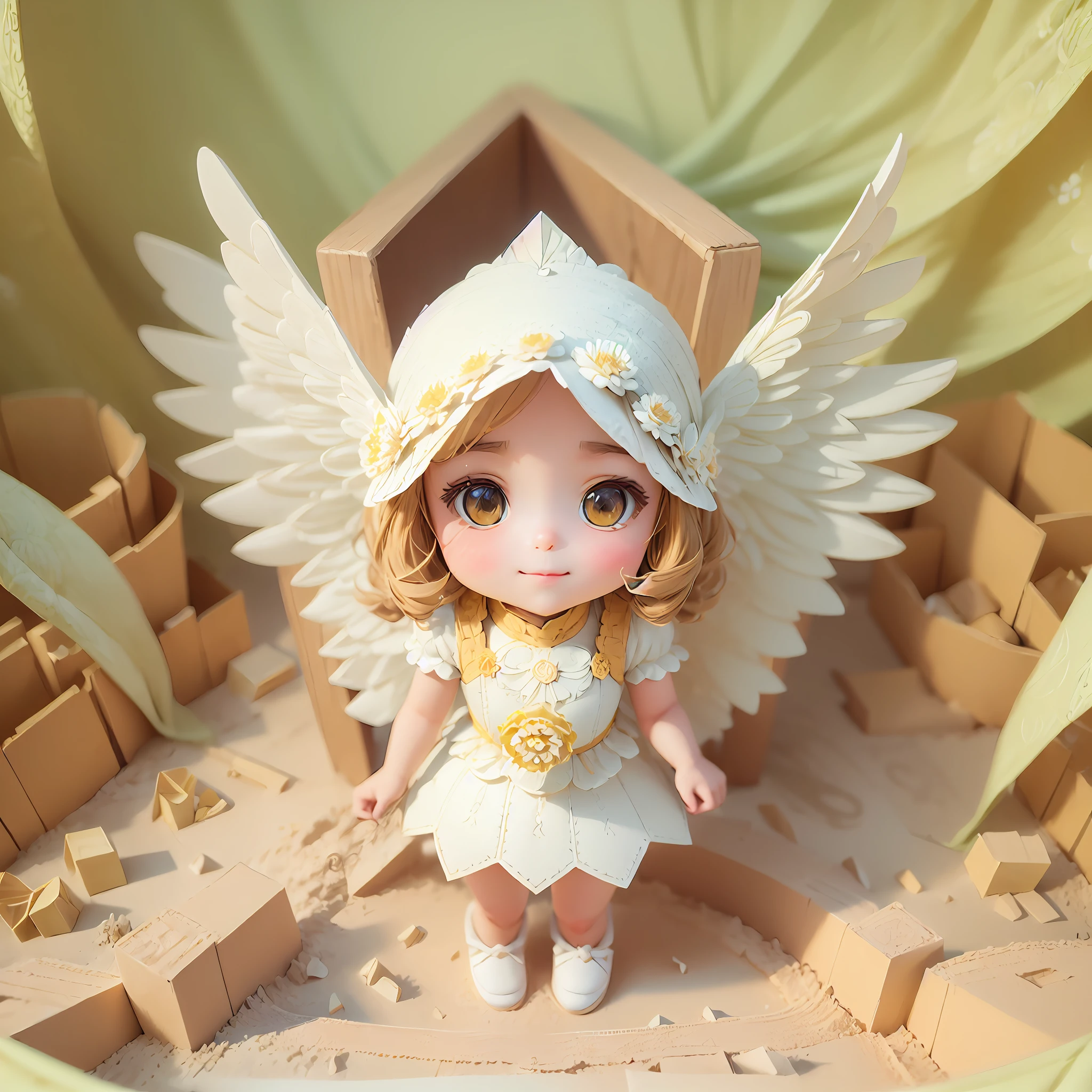 (sandbox:1.4),symetry，Solo, colorful chrysanthemums，full body，tchibi，Cute little angel, Delicate chrysanthemums tiara，ssmile，paper art，(Quilted paper art:1.2),(geomerty:1.2),a 3D render，extremely detaile, Cinematic lighting effects，4K，tmasterpiece，offcial art