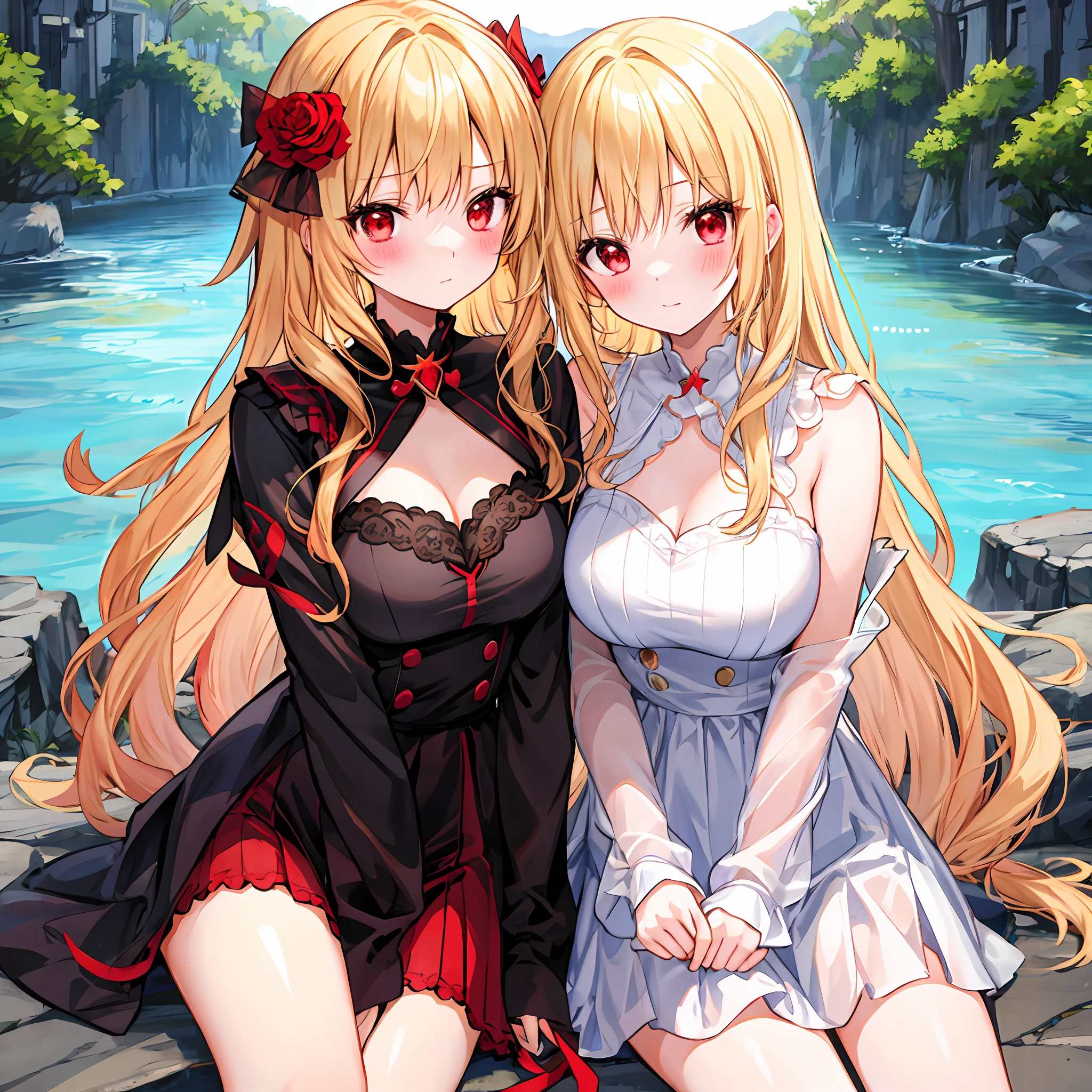 red blush、Wavy blonde hair、red eyes、Beautiful girl alone、animesque、doress、amorous