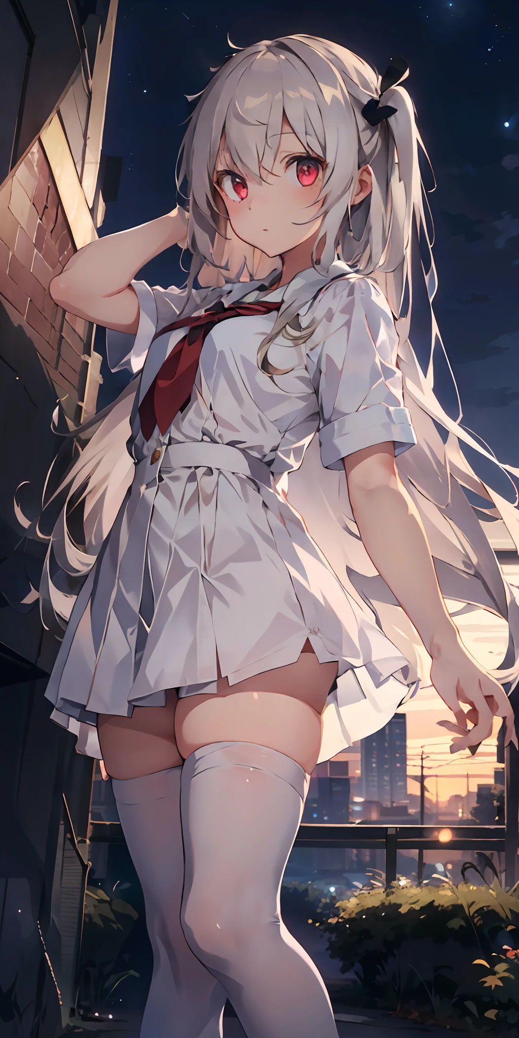 1girl, beautiful detailed eyes, long white hair, light red eyes, school uniform, high white stocking, lustrous skin, city, night, high contrast, ((masterpiece, best quality))