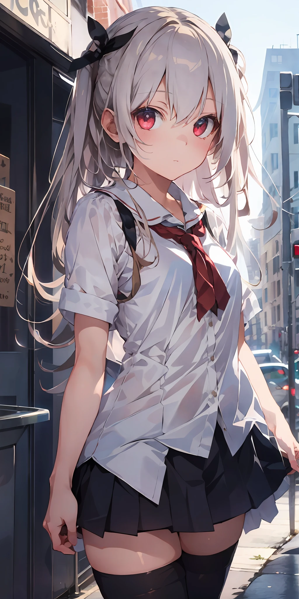 1girl, beautiful detailed eyes, long white hair, light red eyes, school uniform, high white stocking, lustrous skin, city, night, high contrast, ((masterpiece, best quality))