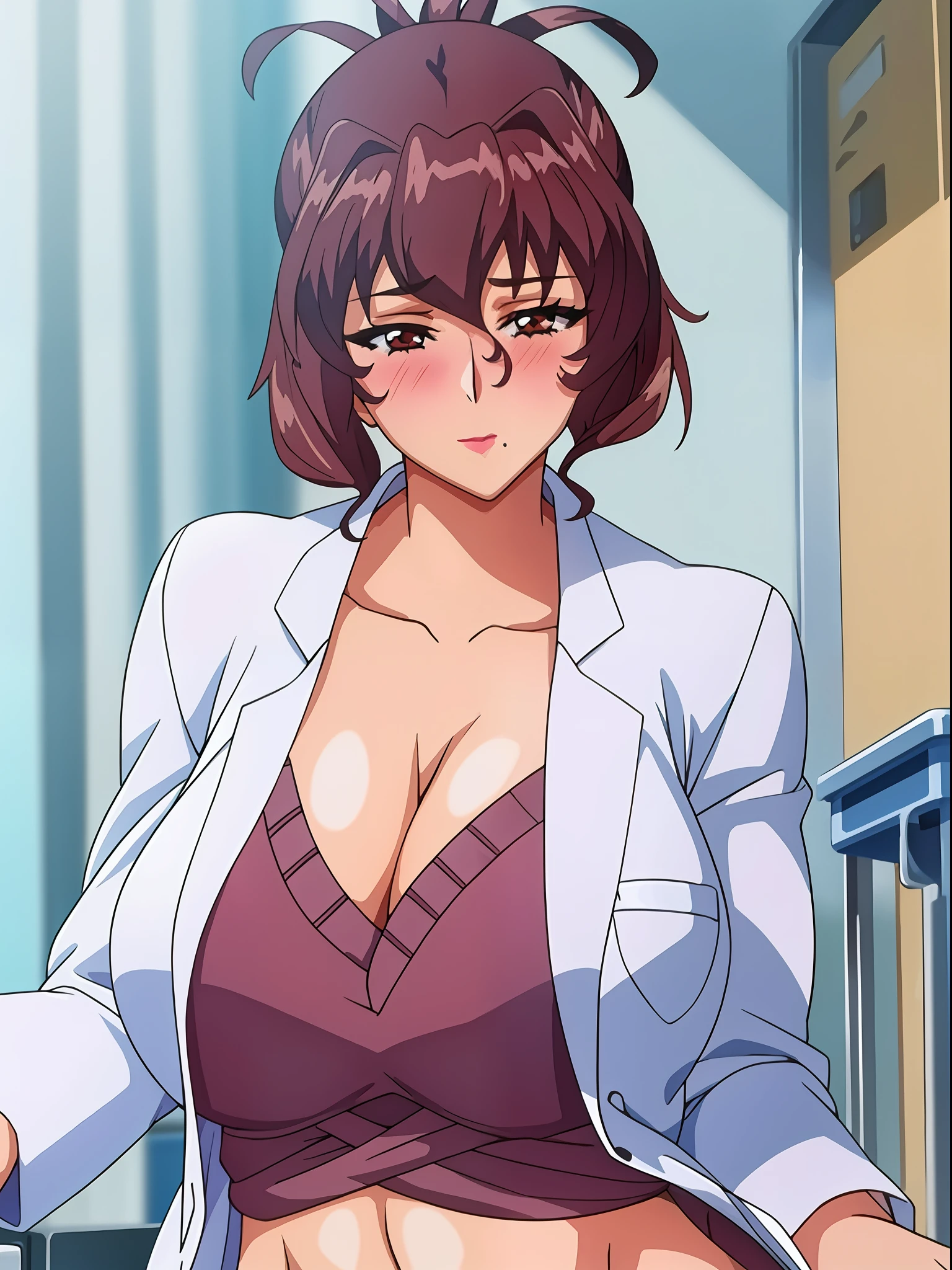 (beautiful hand:1.2), (masterpiece, best quality:1.3), Aiko Katsuragi, mature female, (half body shot:1.05), milf, 1girl, anime face, labcoat, makeup, huge breasts, lipstick, brown eyes, folded ponytail, brown hair, cleavage, perfect body, (gorgeous body:1.3), perfect eyes, perfect retina, anime eyes, eyeliner, eyeshadow, perfect face, (caring look:1.1), look at viewer, blush, high sharpness, sharp focus, medical room, professional artwork, intricate details, vivid colors, Diffused lighting, digital blending, ultra detailed body, ultra detailed hair, ultra detailed face, trending on pixiv, nipple see through