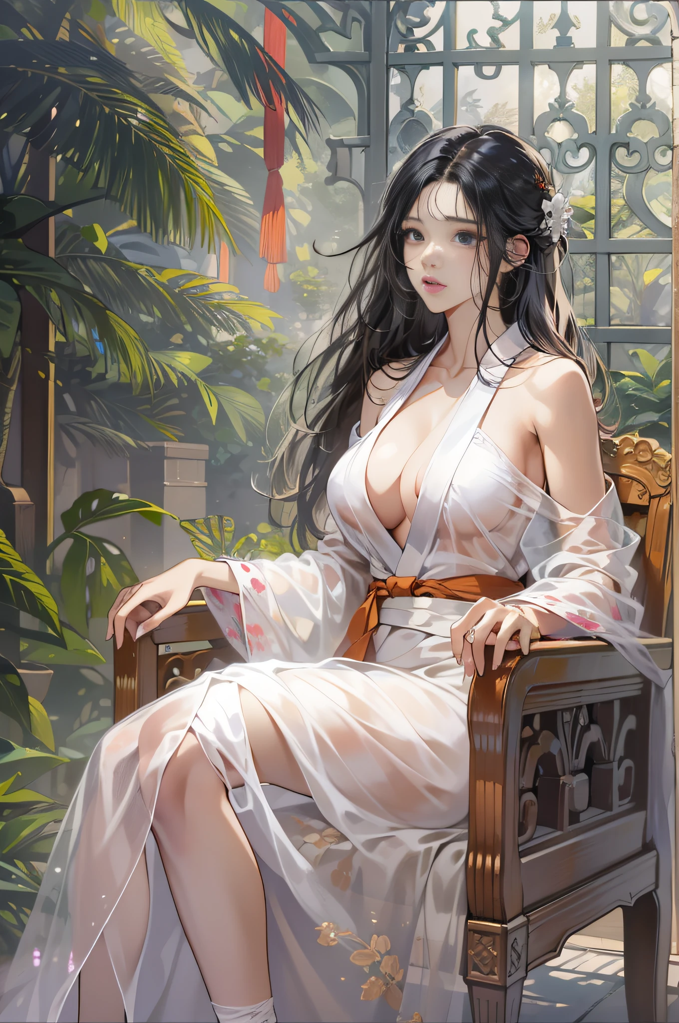 32 year old beautiful woman with attractive long black hair、Double eyelids、The background is the Palace of Versailles in France、Looking here、One white see-through yukata that sticks to bare skin、very large breast、Sit on a chair with wide open legs、The color and shape of the tip of the chest is visible 、You can see the color and shape of the areola、You can see through a lot of pubic hair、The entire chest shows through、