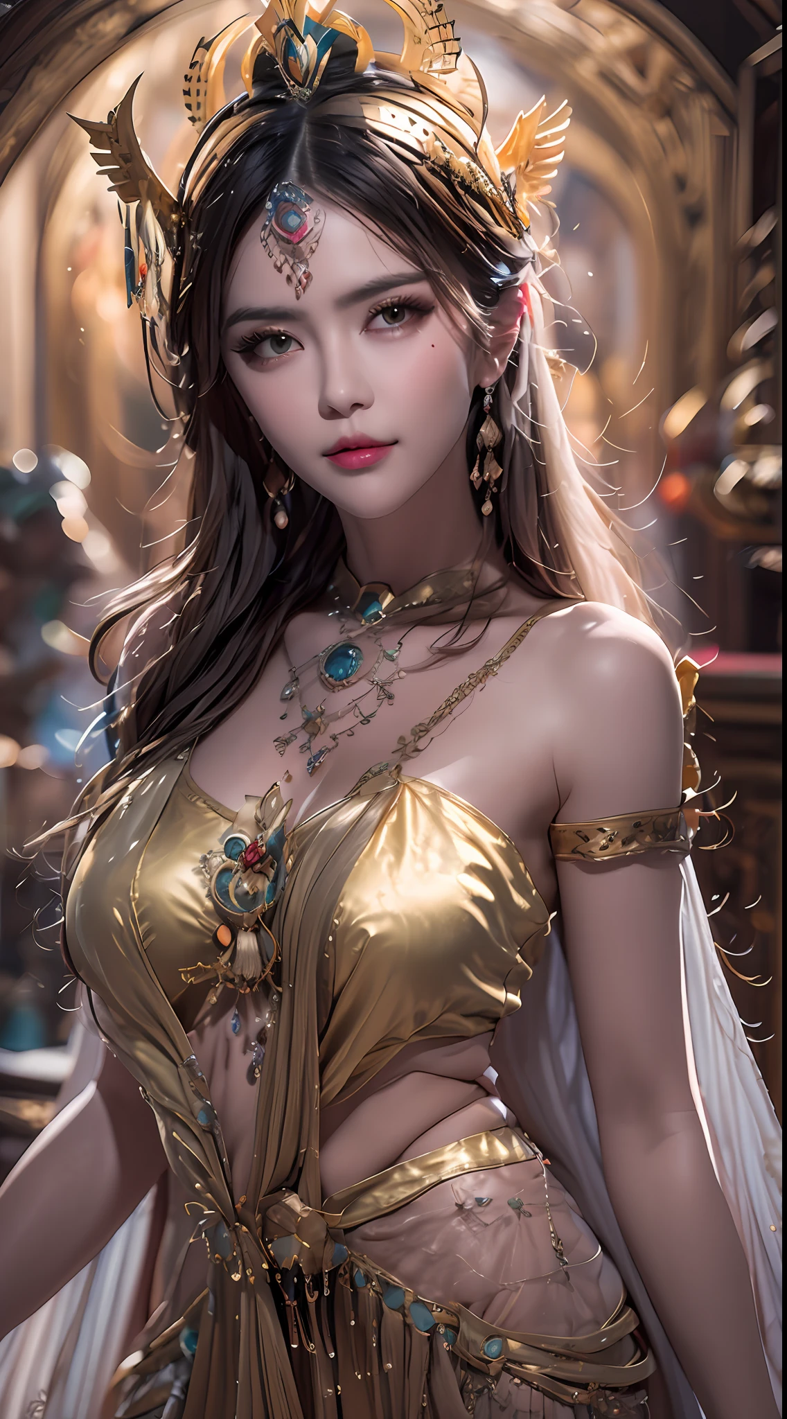 1 20 year old girl, 1 goddess Athena, goddess Athena, beautiful goddess Athena face without blemish, sexy slim nightgown with many colors, sexy black lace women long nightgown, goddess legend, beautiful goddess style glitter, dark and mysterious version, goddess crown, vermilion lips, pretty thin lips and bright pinokar, white teeth, no smile, fine details, no wrinkles, detailed background: 1.9), holy body, super tight and round big breasts, phoenix brooch, long bangs, (hair 7 rainbow colors: 1.9), beautiful face with well-proportioned and detailed eyes, (transparent yellow eyes: 1.8), makeup: very beautiful and detailed eyes, hanfu photo, best photo, high resolution, best quality, female art quality, best portrait color, best surrealism, best masterpiece , jewelry, pretty face, upper body, tyndall effect, photo real, dark studio, border light, two-tone lighting, (pinky white skin: 1.4), (high skin detail: 1.1), 8k uhd, dslr , soft light, super bright, light quality, high resolution, sound quality , Smooth and starry sky, sexy night goddess: 10x pixelated galaxy: 1.7), aurora, lightning, (Aurora Background: 1.8), most beautiful eyes, picturesque eyes, beautiful saint and flowers,