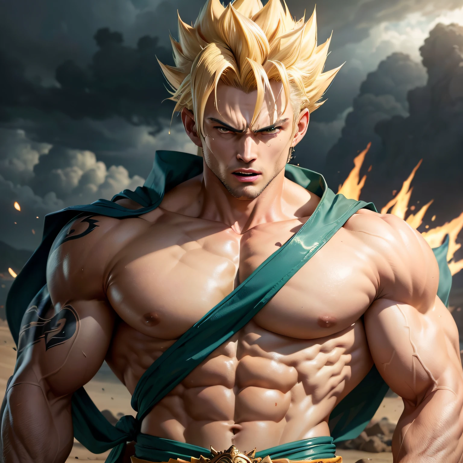 (masterpiece, best quality), intricate details, 8k, artstation, wallpaper, official art, splash art, storm in background, sharp focus, 1boy, (photorealistic:1.2) (bokeh) (best quality) (detailed skin:1.3) (intricate details) (8k) (detailed eyes) (sharp focus) son goku, angry, battle damage, blonde hair, blue sash, clenched teeth, furious, green eyes, male focus, muscular, muscular male, pectorals, sash, solo, spiked hair, super saiyan, super saiyan 1, teeth, topless male, torn clothes, wristband, --auto