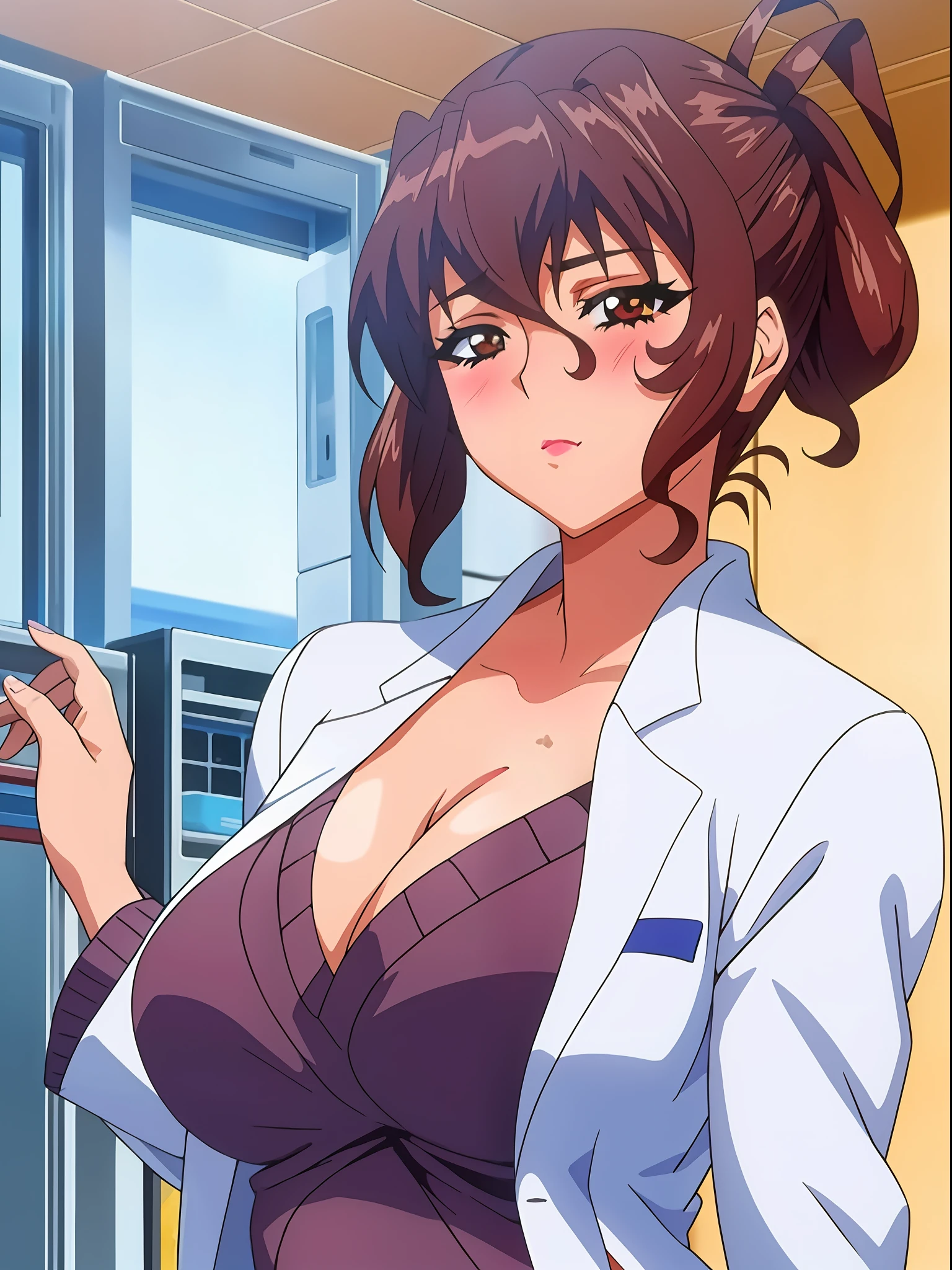 (beautiful hand:1.2), (masterpiece, best quality:1.3), Aiko Katsuragi, mature female, (half body shot:1.05), milf, 1girl, anime face, labcoat, makeup, large breasts, lipstick, brown eyes, folded ponytail, brown hair, cleavage, perfect body, (gorgeous body:1.3), perfect eyes, perfect retina, anime eyes, eyeliner, eyeshadow, perfect face, (caring look:1.1), look at viewer, blush, high sharpness, sharp focus, medical room, professional artwork, intricate details, vivid colors, Diffused lighting, digital blending, ultra detailed body, ultra detailed hair, ultra detailed face, trending on pixiv