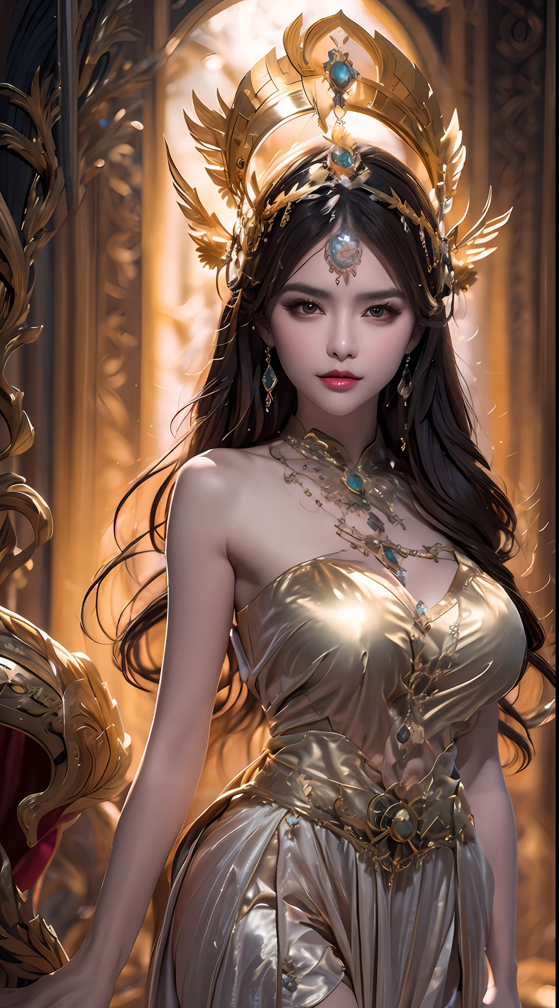 1 20 year old girl, 1 goddess Athena, goddess Athena, beautiful goddess Athena face without blemish, sexy slim nightgown with many colors, sexy black lace women long nightgown, goddess legend, beautiful goddess style glitter, dark and mysterious version, goddess crown, vermilion lips, pretty thin lips and bright pinokar, white teeth, no smile, fine details, no wrinkles, detailed background: 1.9), holy body, super tight and round big breasts, phoenix brooch, long bangs, (hair 7 rainbow colors: 1.9), beautiful face with well-proportioned and detailed eyes, (transparent yellow eyes: 1.8), makeup: very beautiful and detailed eyes, hanfu photo, best photo, high resolution, best quality, female art quality, best portrait color, best surrealism, best masterpiece , jewelry, pretty face, upper body, tyndall effect, photo real, dark studio, border light, two-tone lighting, (pinky white skin: 1.4), (high skin detail: 1.1), 8k uhd, dslr , soft light, super bright, light quality, high resolution, sound quality , Smooth and starry sky, sexy night goddess: 10x pixelated galaxy: 1.7), aurora, lightning, (Aurora Background: 1.8), most beautiful eyes, picturesque eyes, beautiful saint and flowers,