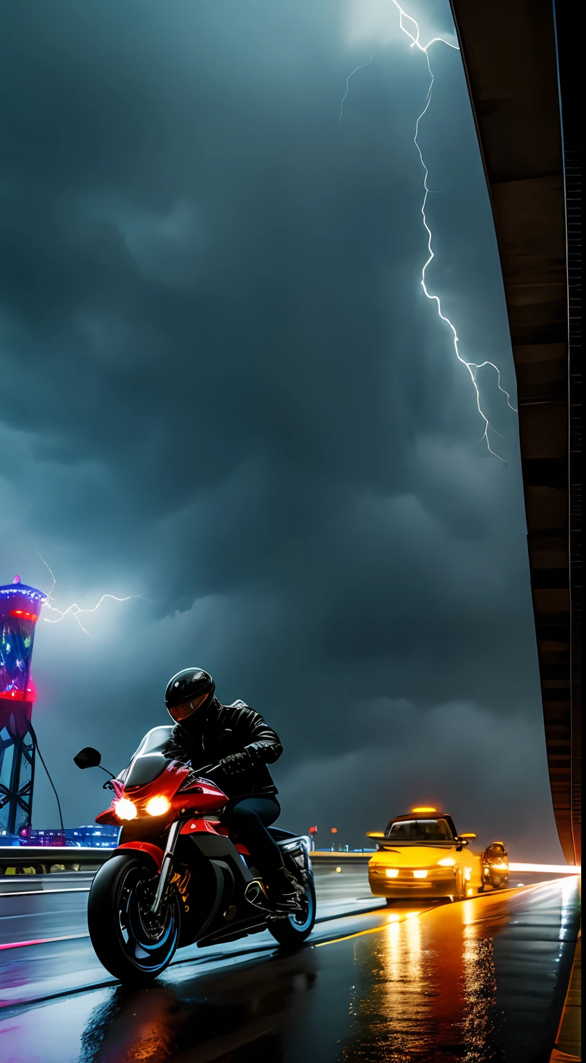 Rainstorm nights，Men ride motorcycles at high speed on the viaduct next to the tall building，Thunder flashes behind it