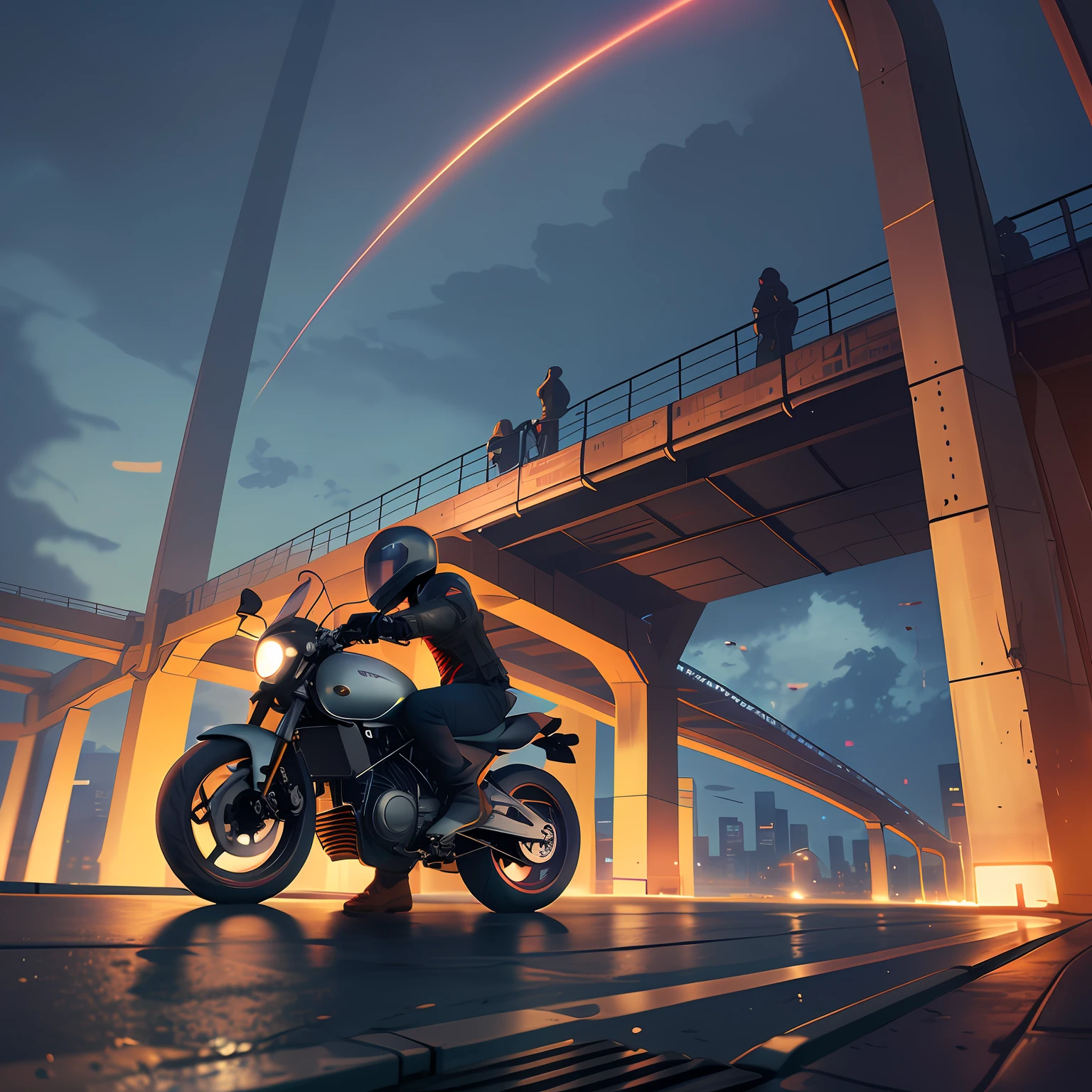Motorcyclist galloping on the bridge at night，It was raining heavily in the sky，There is blue-purple lightning Badass anime 8 K, stunning digital illustration, rob rey and kentaro miura style, octane. trending on artstationh, octane cgsociety, dan munford. 8 k octane render, atey ghailan 8 k, daniel maidman octane rendering, Cyberpunk art style, motorcycle concept art