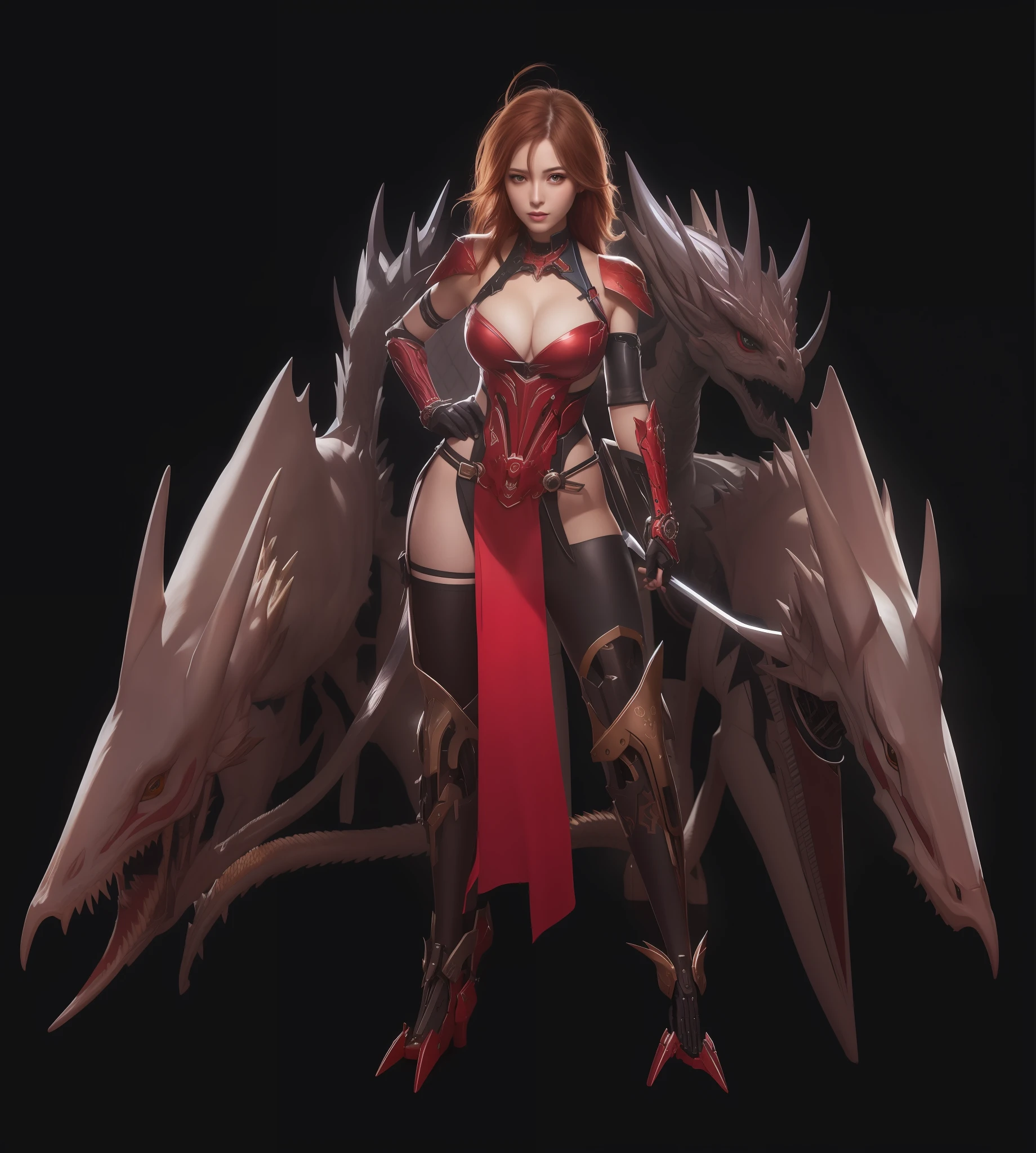 A hyper-realistic、ultra-detailliert、top-quality、hight resolution、Close up portrait of woman with red hair and dragon head, robot mecha female dragon head, a very beautiful berserker woman, anime monster girl, biomechanical oppai, cushart krenz, dragon ancient full plate armor, mika kurai demon, with scaly-looking armor, cushart kenz, cushart krenz key art feminine