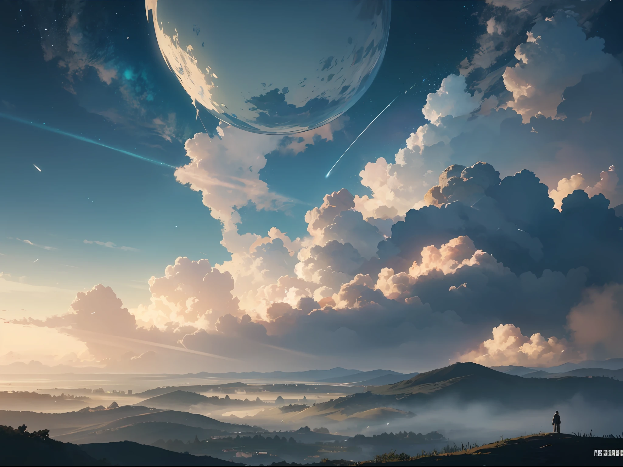 Vast sky、Beautiful horizon、Wonderful pastures、Very tense and dramatic images、the moving visual effects、Suspended Polaris、the colorful natural light。conceptual art、high detailing、shining light、chromatic abberation、One-person viewpoint、Atmospheric perspective、Revolutions、Atmospheric perspective、the panorama、nffsw、retinas、​masterpiece、super detailing、1080p、4K、8K、top-quality、high detailing、hightquality