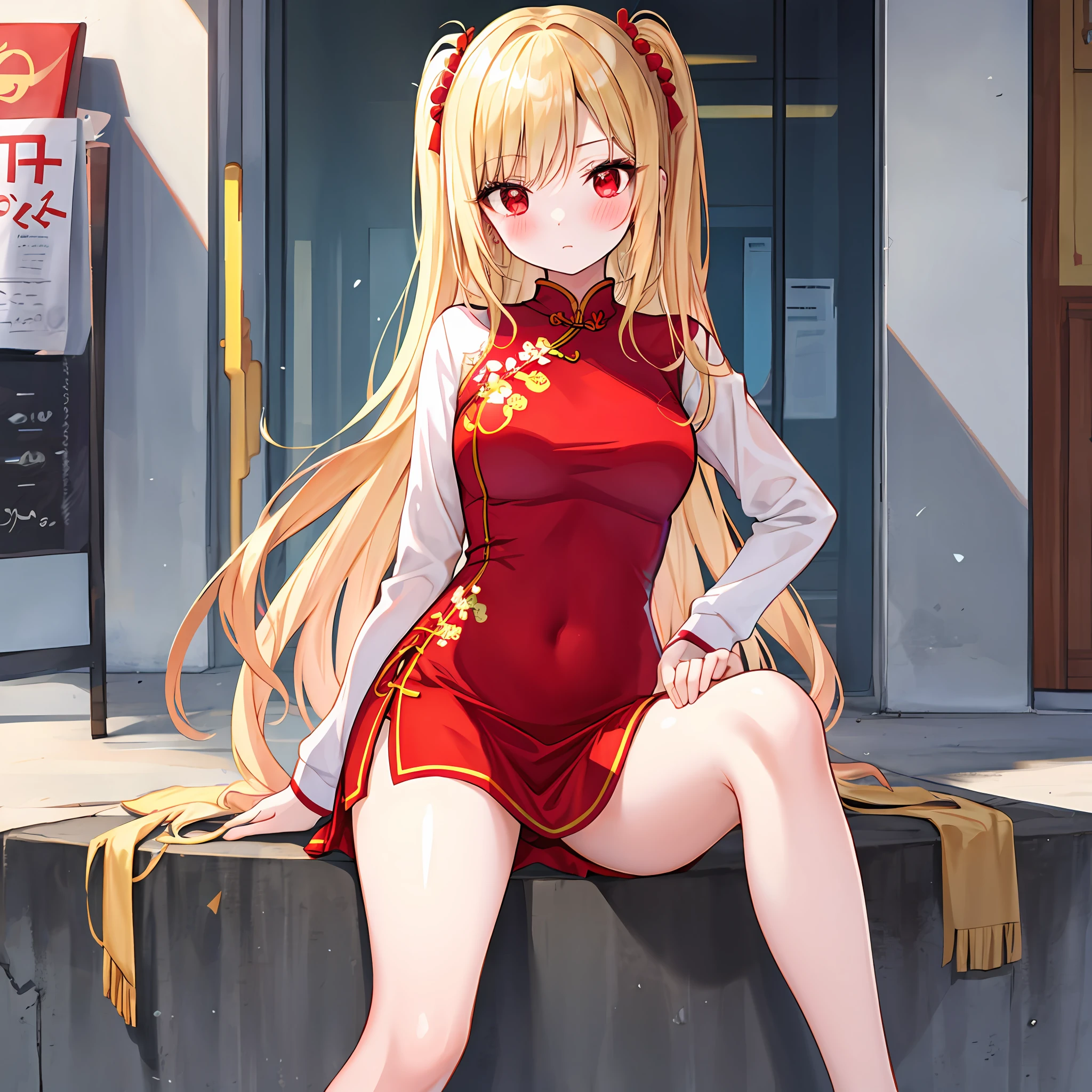 a blonde girl、red eyes、Soio、red blush、White cheongsam、a miniskirt