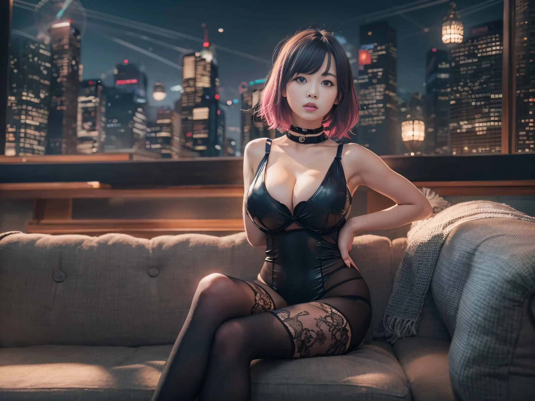 Woman in black stockings and heels,young and cute girl, wearing in stocking,Sexy Girl, Lovely woman, pantyhose, 8K,top-quality、超A high resolution、女の子1人、Futuristic bodysuit、Black Choker、(huge-breasted:1.2)、, Pink short hair, Black swimsuit, Photo, background is city at night,Live action,japanes,独奏,Beautiful expression,Sitting on sofa with legs crossed,the color of the entire leg is light black,,Right index finger to mouth,Expression of seduction
