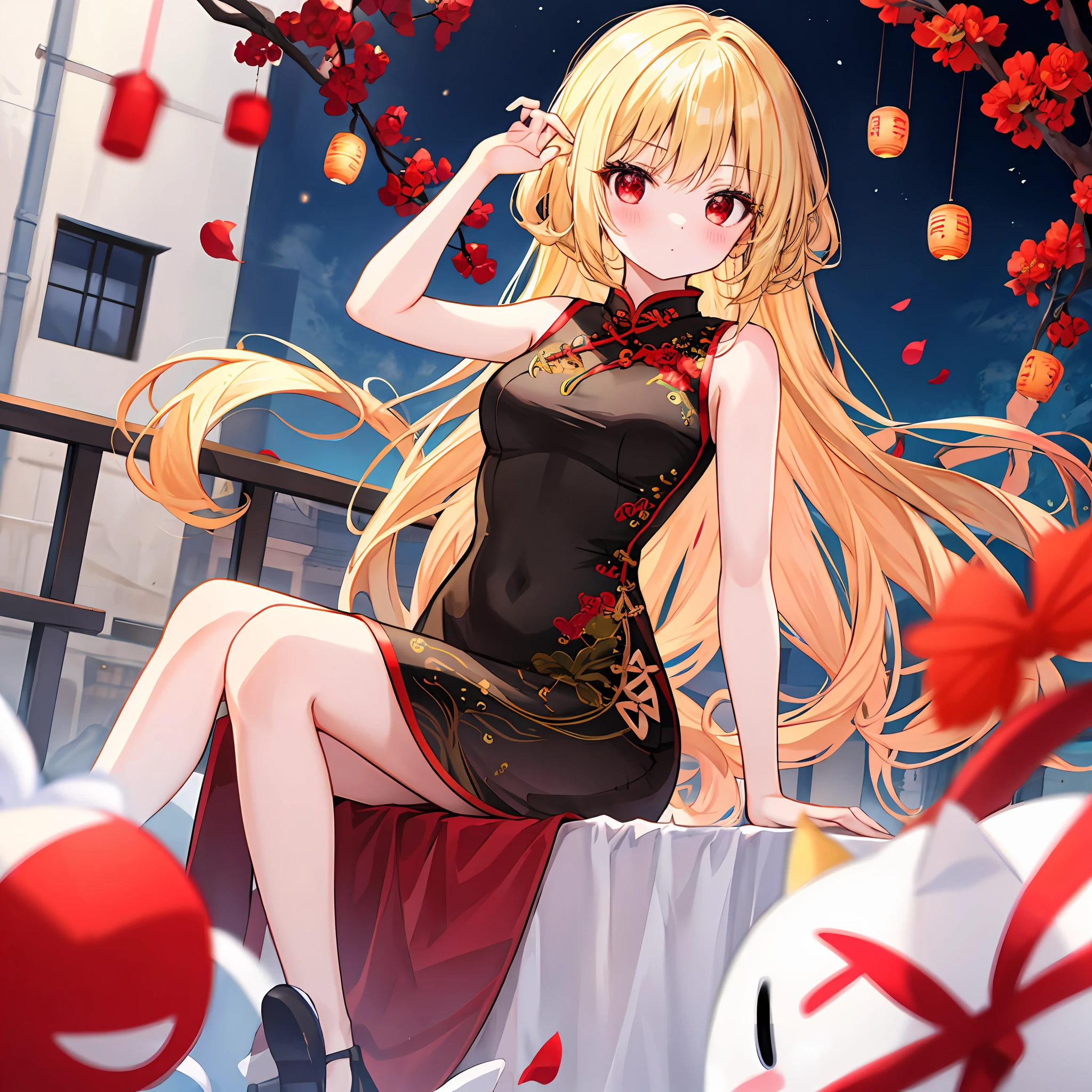 a blonde girl、red eyes、独奏、red blush、Black cheongsam、