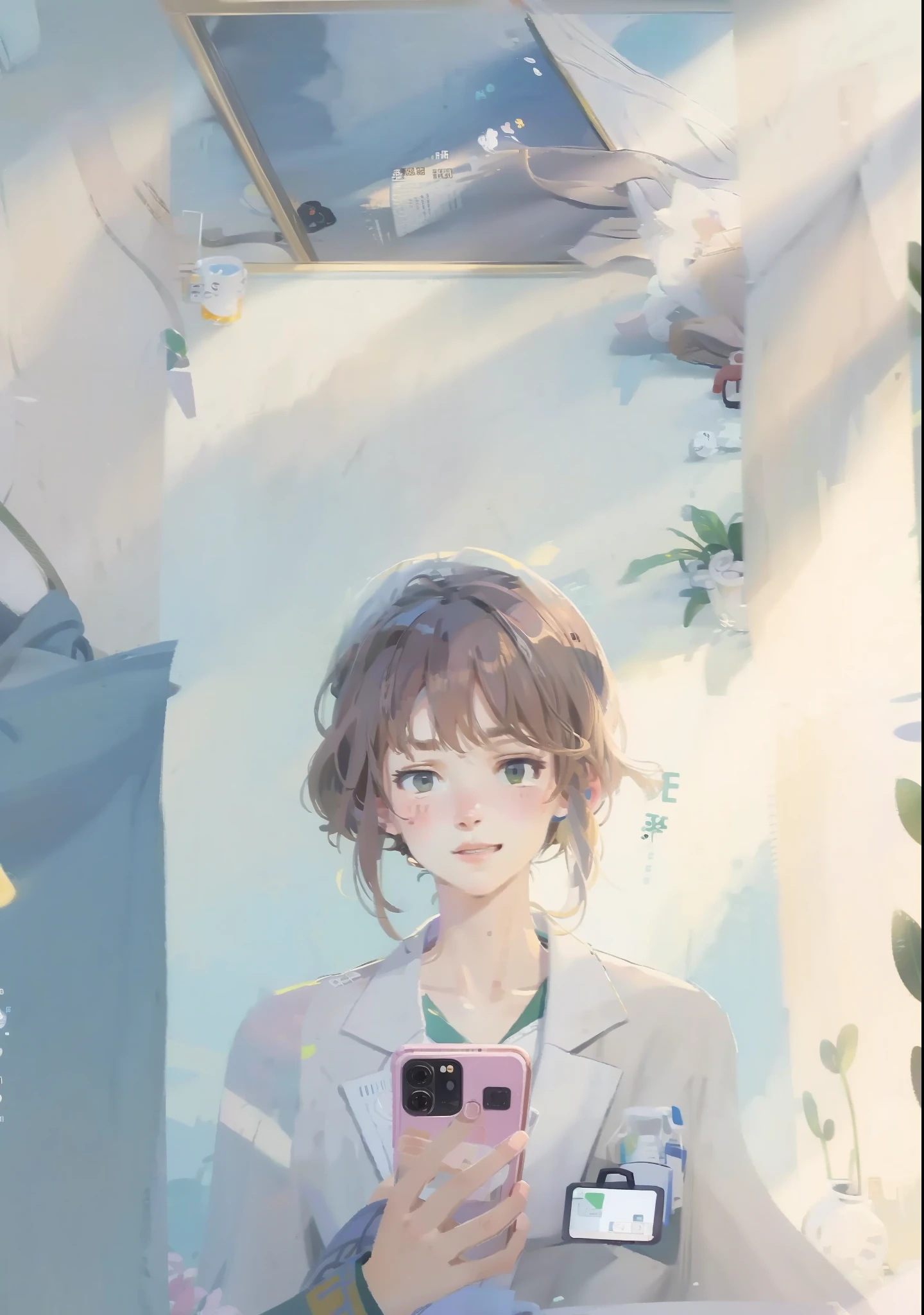schoolgirls,holding cell phone,doctor outfit,Mobile page contentWeChat conversation,Hospital corridors,illustration,Background hospital corridor,inside in room,Hospital corridors,A helpless expression
