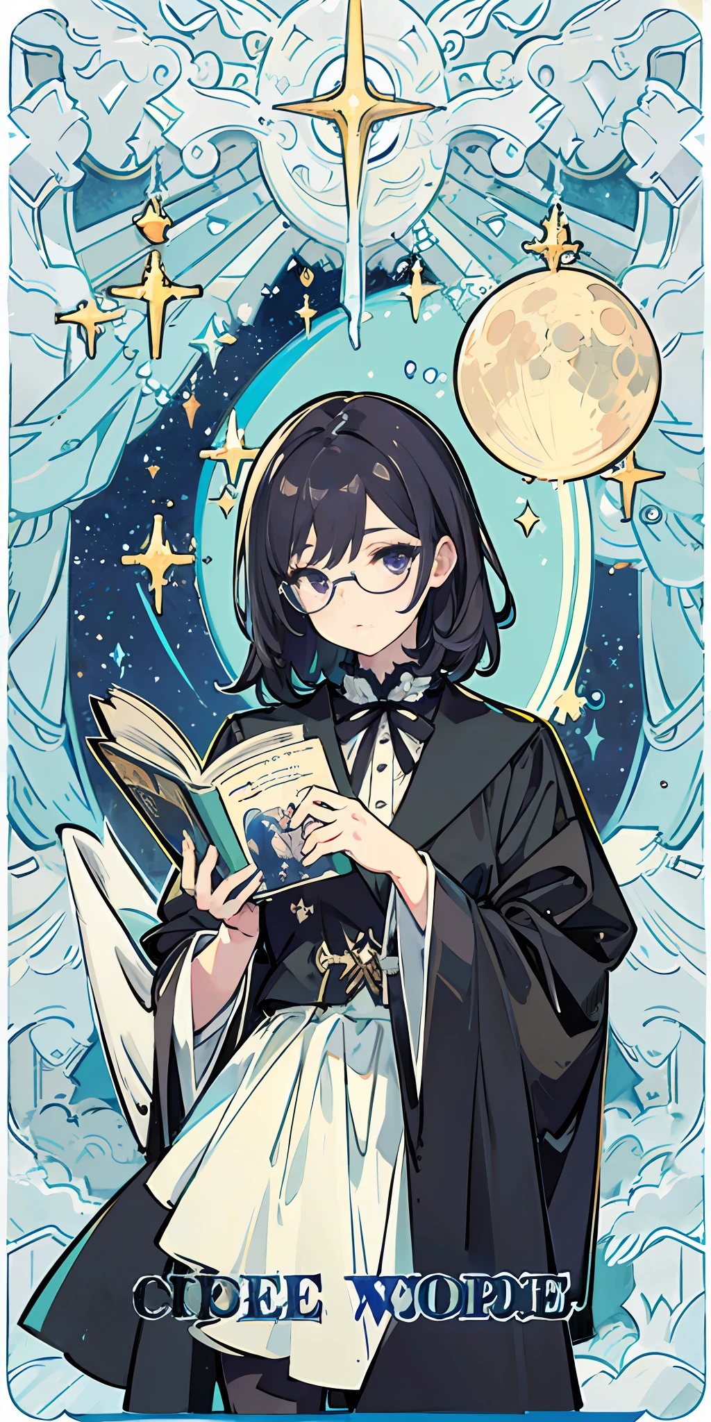 (absurd, high resolution, super detailed), solo, female, long black hair, deep purple eyes, black robe, glasses, planetarium decoration, Victorian style, mature female, fine eyes and detailed face, hermitage\tarot cards\, stars, ocean, moon, symbolism, visual arts, occult, visual projection, philosophy, iconology, numerology, pop, art, alfonse Mucha
