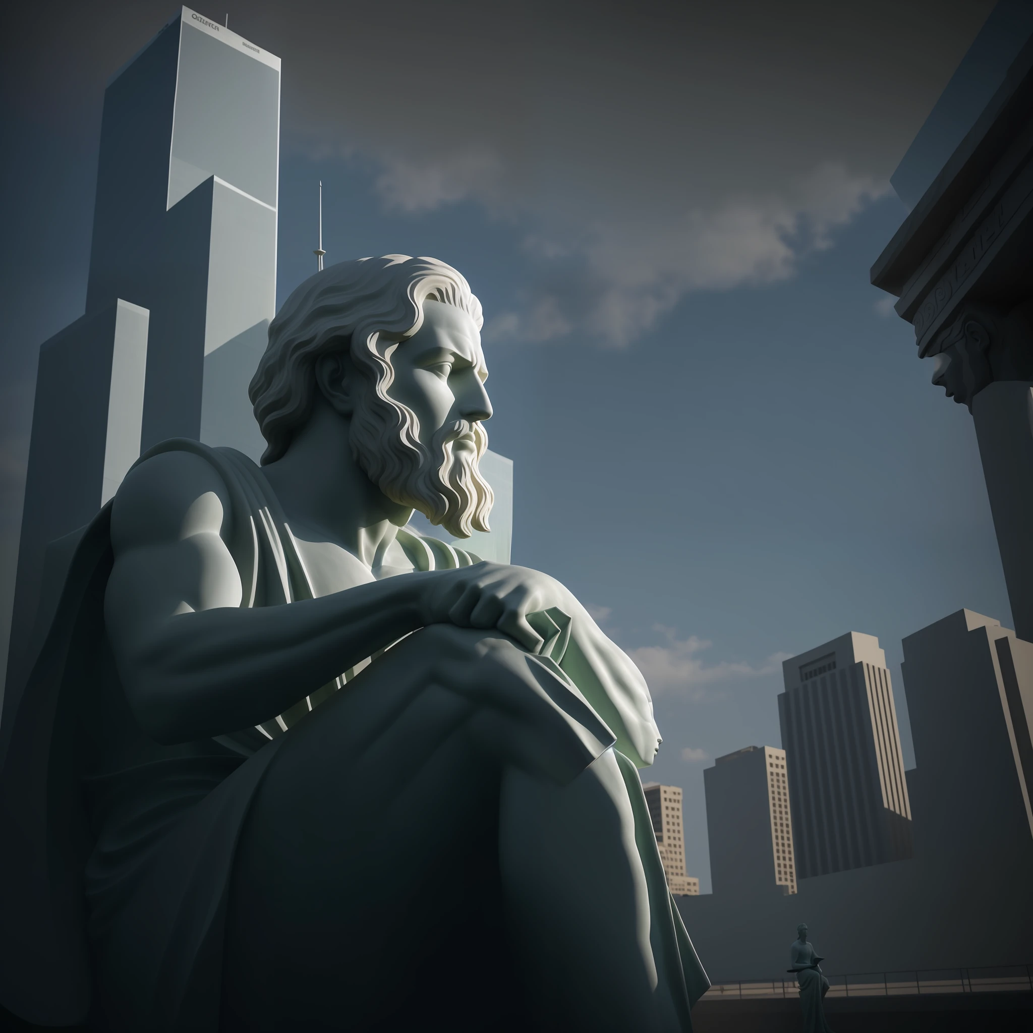 Stone statue of a man sitting in front of a city skyline, philosopher, pensador, Mito grego pintura digital, Greek statue, foto de retrato de pintura fosca, statue of zeus, Estoicismo, a statue, pintura digital. octan render, pintura fosca da mente humana, classical statue, O Pensador, statue made of glass, statue, an ancient greek statue