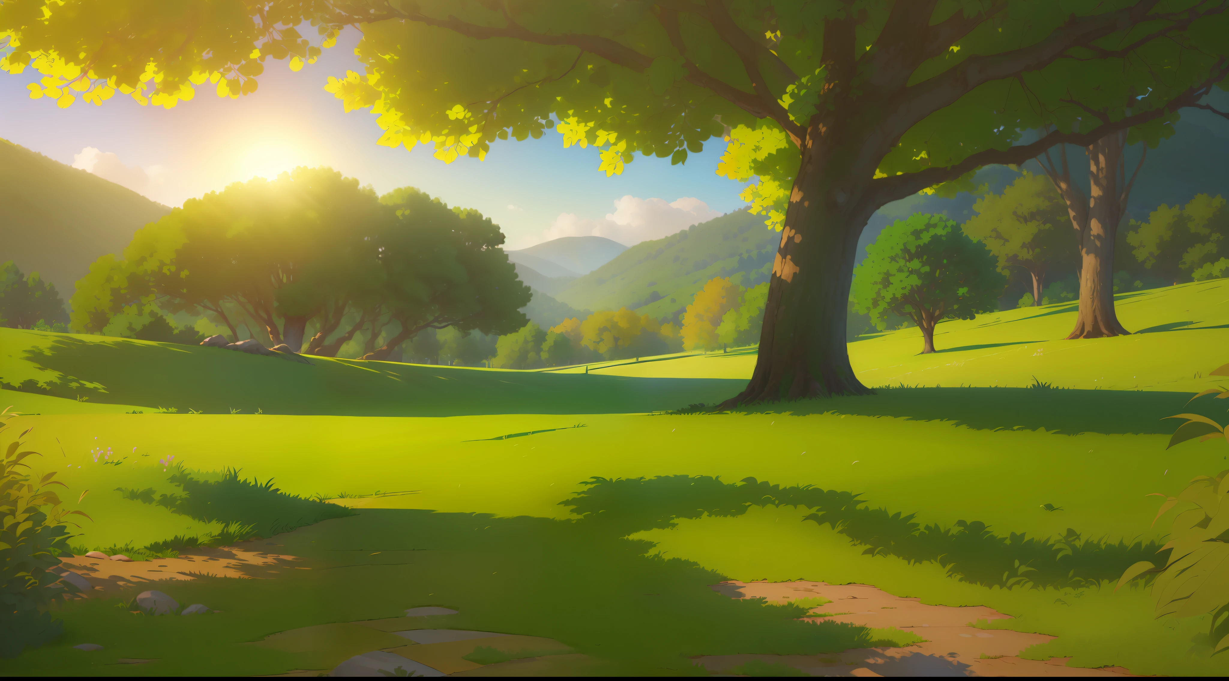 (extremamente detalhado CG unidade 8k papel de parede, obra-prima, melhor qualidade, lawn with green grass and trees, montanhas impressionantes:1.3), bela paisagem natural, plano amplo, cores vibrantes, Luz do Sol suave, sombras sutis, atmosfera tranquila, serene and peaceful