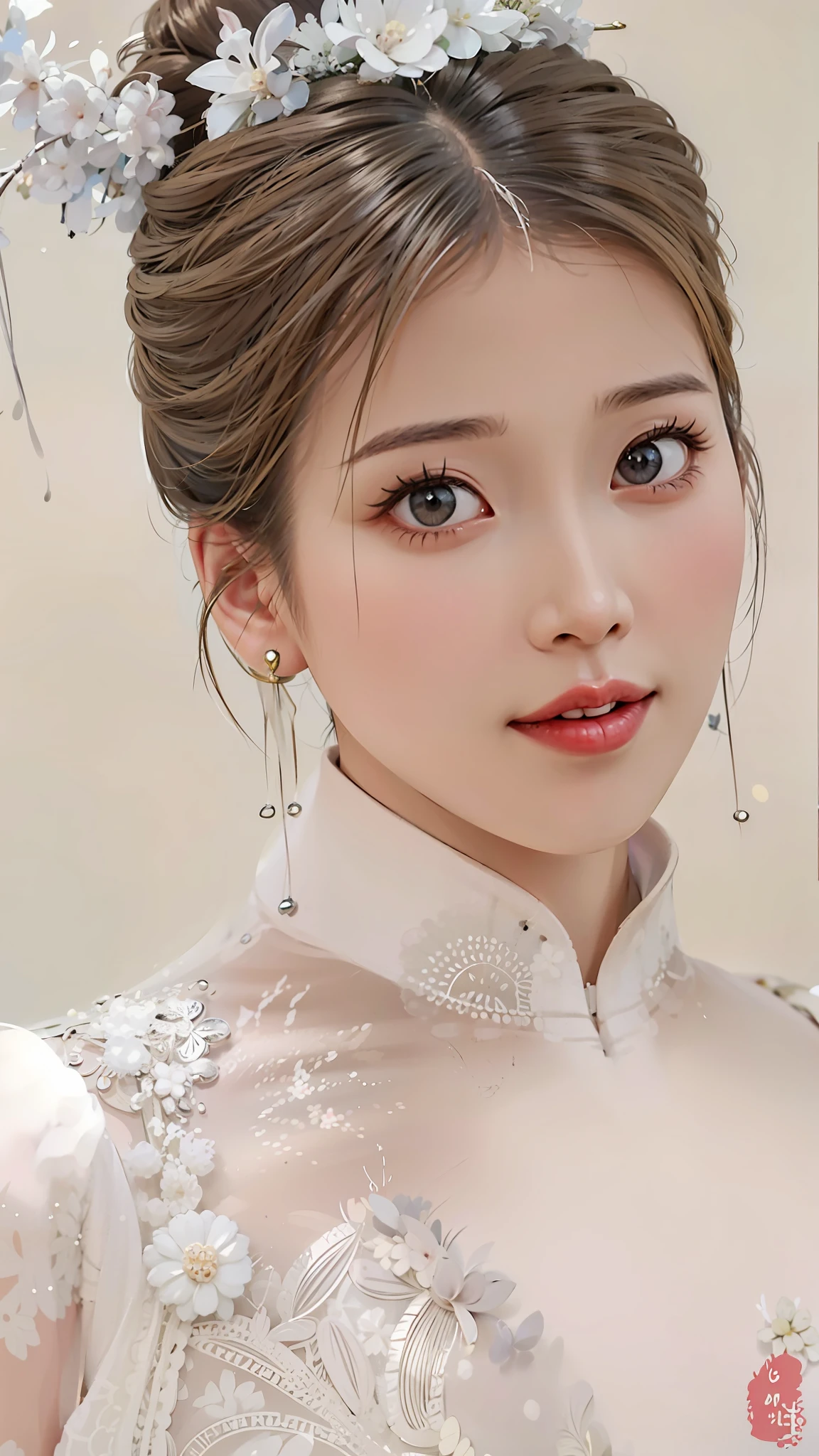 a close up of a woman with a white dress and a tiable, ruan jia beautiful!, Chinese style, shaxi, young cute wan asian face, Inspired by Huang Ji, tzuyu from twice, cute delicate face, Chinese girl, gorgeous chinese models, beautiful light big eyes, Chinese traditional, Realistic. Cheng Yi, Cheongsam, wan adorable korean face