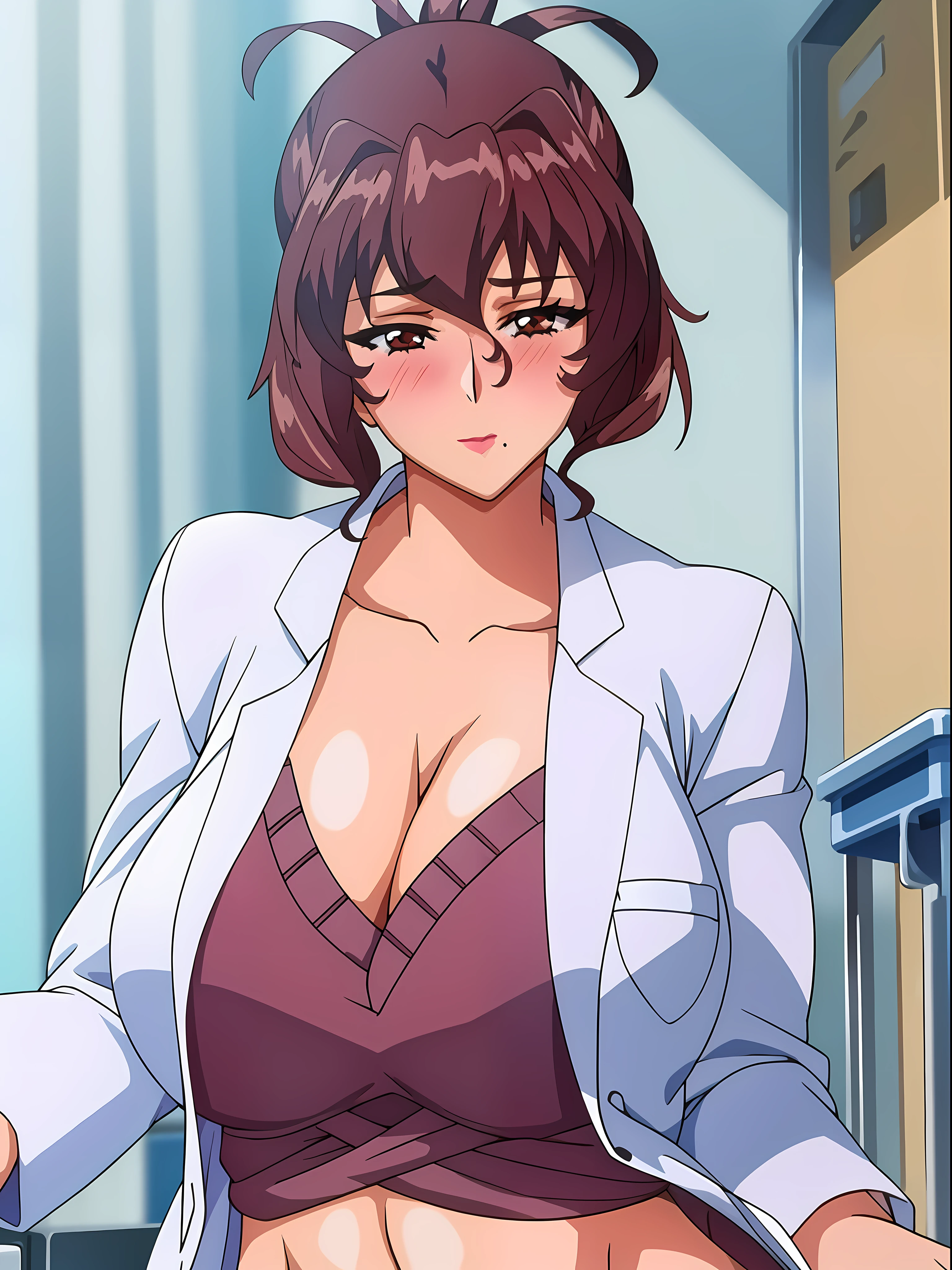 (beautiful hand:1.2), (masterpiece, best quality:1.3), Aiko Katsuragi, mature female, (half body shot:1.05), milf, 1girl, anime face, labcoat, makeup, huge breasts, lipstick, brown eyes, folded ponytail, brown hair, cleavage, perfect body, (gorgeous body:1.3), perfect eyes, perfect retina, anime eyes, eyeliner, eyeshadow, perfect face, (caring look:1.1), look at viewer, blush, high sharpness, sharp focus, medical room, professional artwork, intricate details, vivid colors, Diffused lighting, digital blending, ultra detailed body, ultra detailed hair, ultra detailed face, trending on pixiv, nipple see through