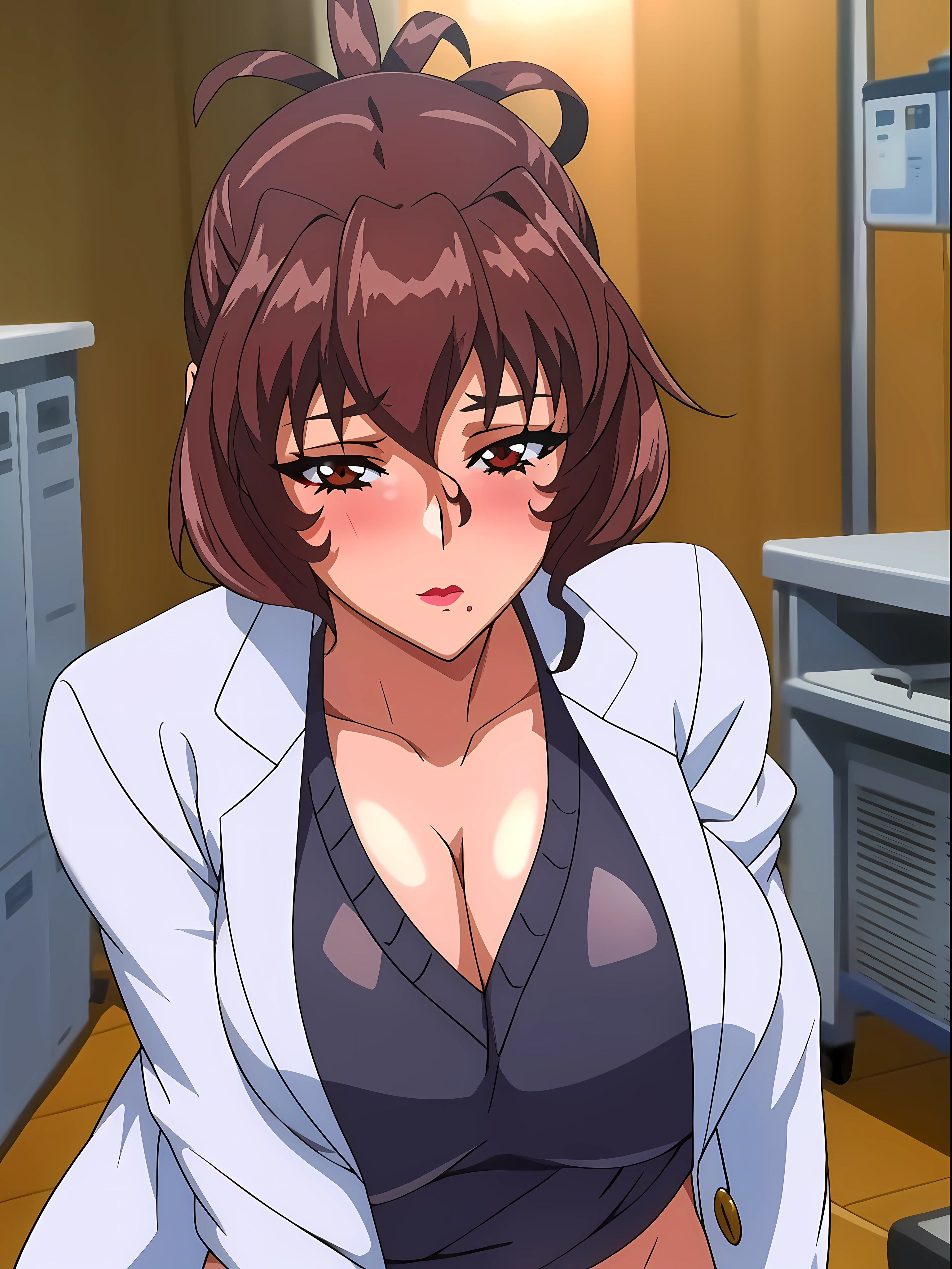 (beautiful hand:1.2), (masterpiece, best quality:1.3), Aiko Katsuragi, mature female, (half body shot:1.05), milf, 1girl, anime face, labcoat, makeup, huge breasts, lipstick, brown eyes, folded ponytail, brown hair, cleavage, perfect body, (gorgeous body:1.3), perfect eyes, perfect retina, anime eyes, eyeliner, eyeshadow, perfect face, (caring look:1.1), look at viewer, blush, high sharpness, sharp focus, medical room, professional artwork, intricate details, vivid colors, Diffused lighting, digital blending, ultra detailed body, ultra detailed hair, ultra detailed face, trending on pixiv, nipple see through