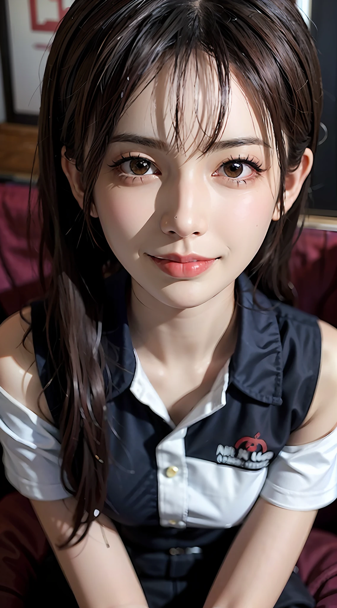 Black hair, (long hair), black eyes, (glowing eyes), (white thighs: 1.2), orgasmic face, seduction, eroticism, seductive look, black face, charming, blush, shy, disgusted, disgusted, (medium), played badly, looking at someone, oh hey face, comfortable, screaming, opening mouth, drooling, sexual convulsions, White skin, red, rosy face, sweat, wet body, color, alone, crying on the ground in school uniform, duck sitting, desire frustration, loneliness, caress, sexual pleasure, enduring pleasure, elk-off, attractive facial expression, (detail depiction of crying on the ground in school uniform), (duck sitting detail depiction front), detail depiction, bust (masterpiece), (close-up), (highest quality), very detailed, exquisite, beautiful, (close-up), (close-up), ( Beautiful girl), (collar, collar), (detailed pink areola nail: , (delicate depiction of skin), (voluminous skin: 1.4), 8k wallpaper in first-class CG quality, realistic, master level, masterpiece, portrait, center, display lens, beautiful Chinese and Korean mixed idol, (super detailed description face and face details), (blush), lip biting makeup, sweet smile, perfect facial features, red eyes, Blind band + hair above one eye, (ruby nail). fat_ Mons, Cameltou,