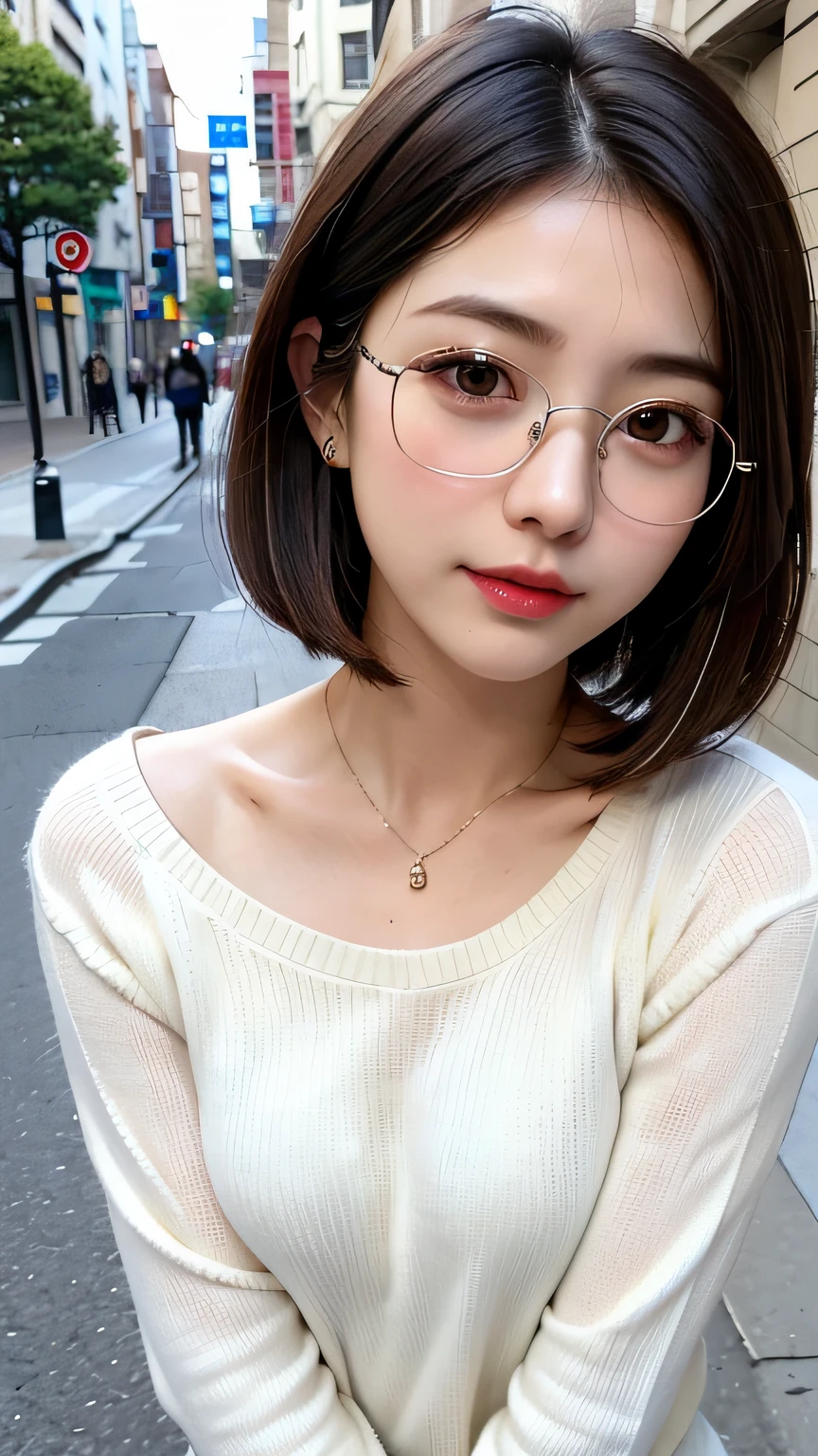 masterpiece、top-quality、超A high resolution、(photographrealistic:1.4)、((1girl in、White fair skin:1.4、age19、spotless、cute little、A dark-haired、bobhair_cut、shorth hair、Normal breasts:1.6))((Casual wear))、(portrait of japanese famous actress)、(A smile、Happiness、Joy、jolly、closes mouth)、、High detailed eyes、long neck、bangss、Lashes、Big eyes、In the street、Glasses、Sweaters、Casual wear