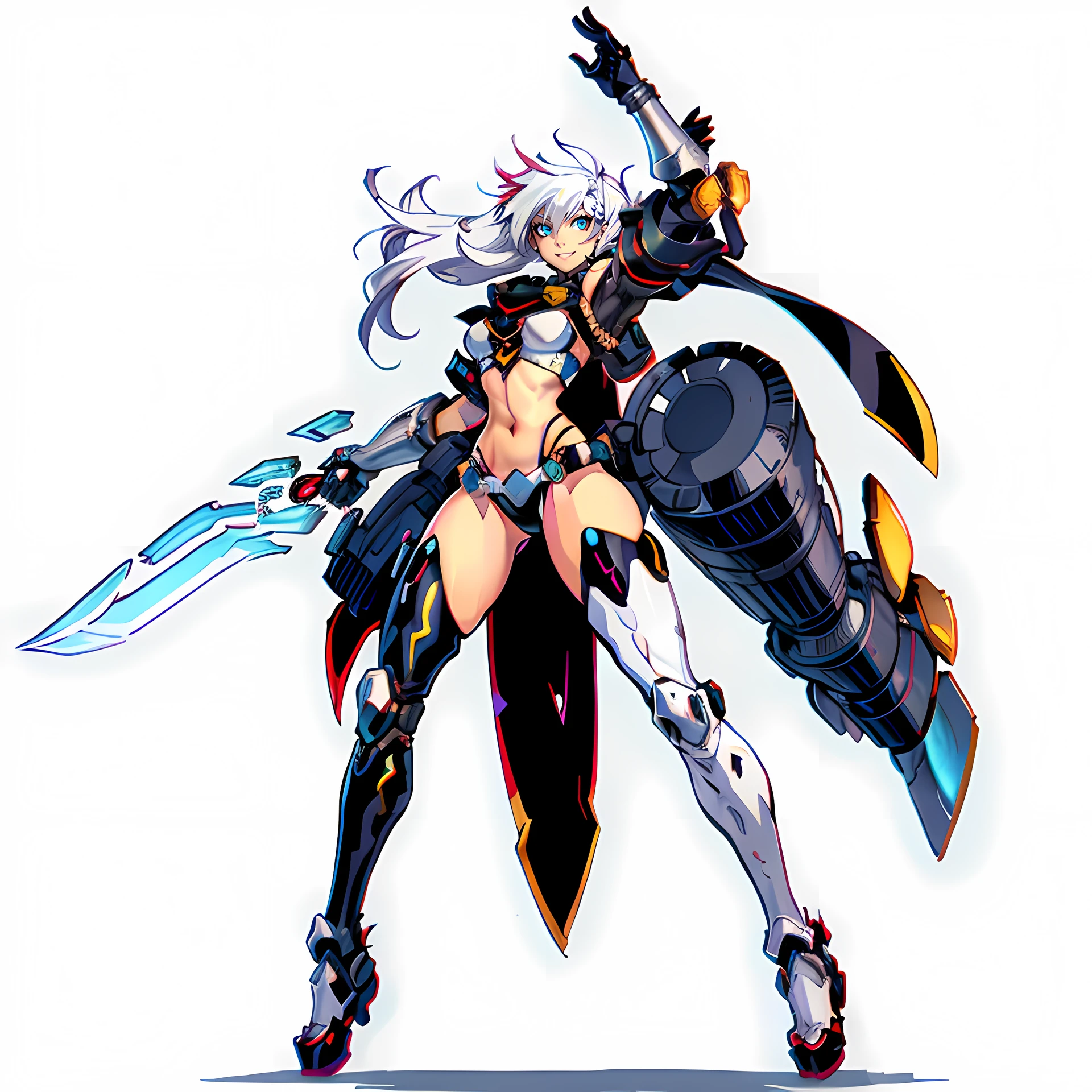 Iron lady, No background, White background, Full body shot, The lower body is a robot, Bikini Top, Sword, Seductive smile, Silver and Black, White hair --auto