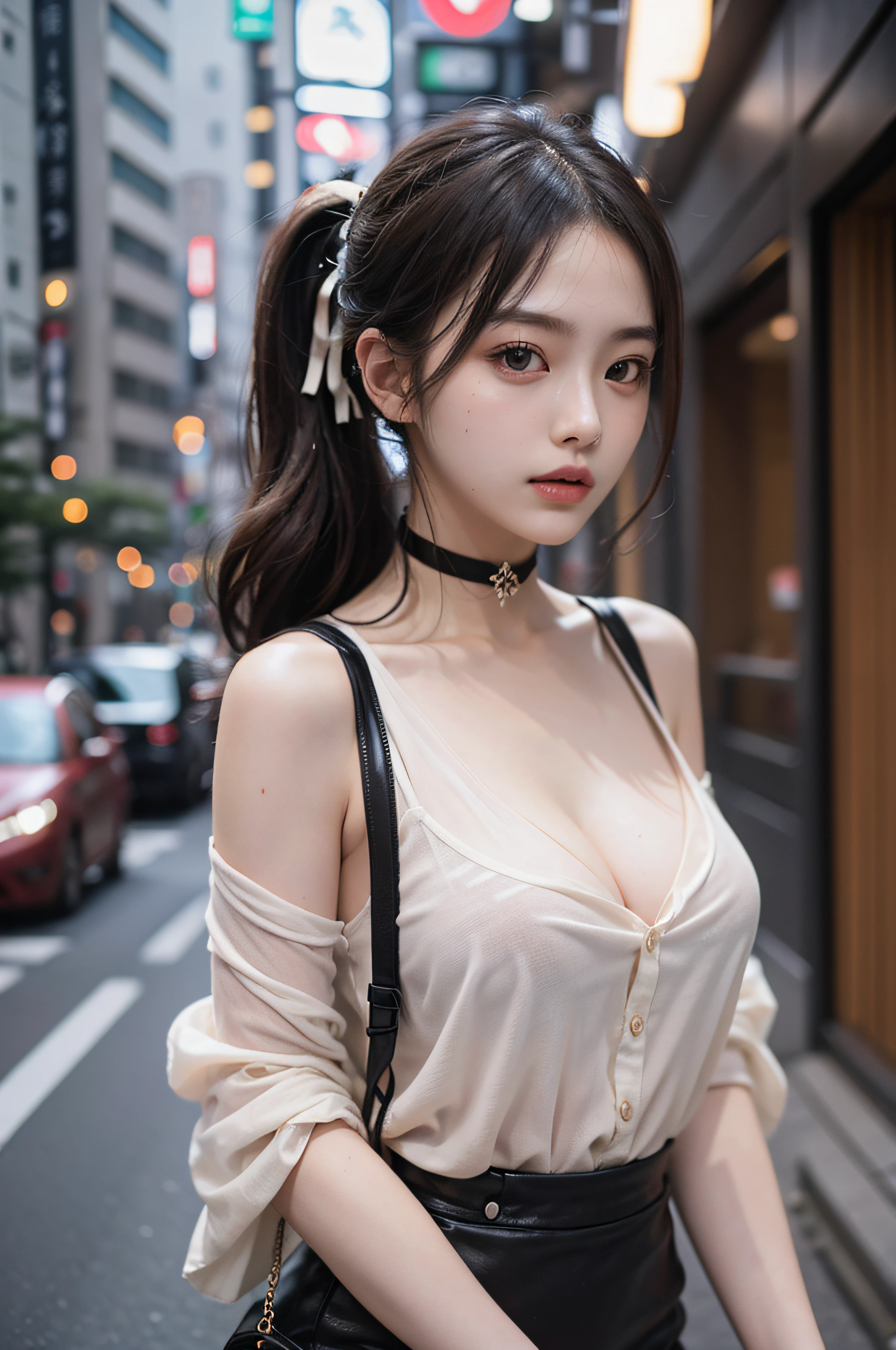 Best Quality Detail:1.2, realisitic, 8K UHD, hight resolution, 1girl in:1.2, The ultra-detailliert, High quality textures, intricate detailes, detaileds, Very detailed CG, High quality shadows, Detail Beautiful delicate face, Detail Beautiful delicate eyes, depth of fields, Ray traching, in her 20s, Pretty Kpop Girl, Korean Urzan Face:1.1, Slender face, ulzzang -6500-v1.1:0.6, pureerosface_v1, gloweyes, teak, Glossy lips, perfectbody, a choker、cleavage of the breast、 Brown hair、poneyTail:1.1, Street, Particle, look at viewr, Photorealsitic:1.4, ultra-detailliert, photos realistic, 4K 8K UHD Full Color RAW Photos, Fuji Film(Medium format:1.2), Hasselblad:1.2, Carl zeiss:1.1, Incredible dynamic range photography(UTIL_Art by Smoose-768:1.1), hight resolution, High pixel count, clear details, crisp image, Natural color reproduction, Noise Reduction, High fidelity, qulity, Software Improvements, Upscaling, Optimized algorithms, Pro-level retouching、((Shibuya, tokyo prefecture))、On the way to shopping、((Fashionable clothes with a very high design))、shirt dress: Oversized Shirt Dresses、Simple and fashionable style