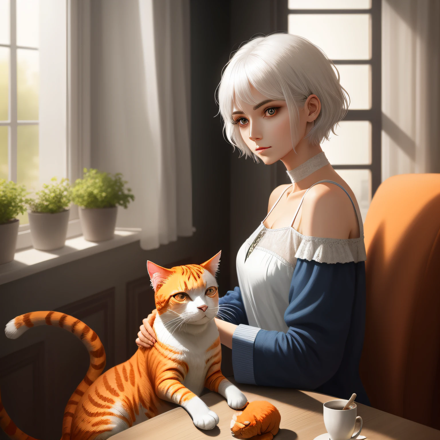 tmasterpiece,8K,goddes,shoulder-length short hair,White hair,Holding an orange cat,By the window