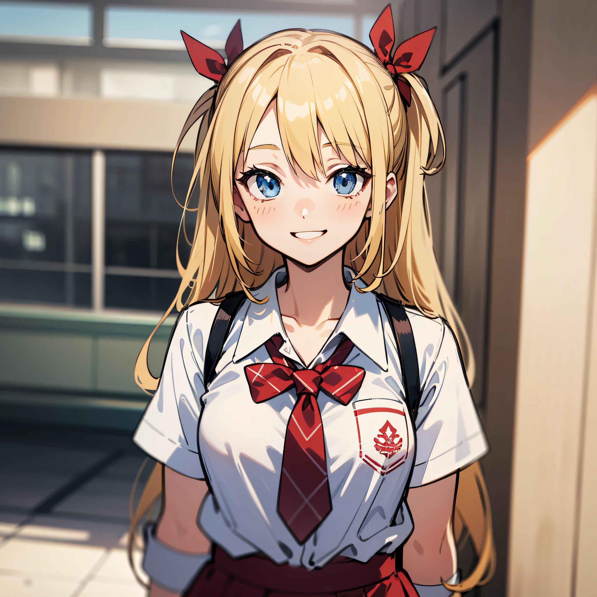 (masutepiece, Best Quality) Blonde twin-tailed girl, Blue eyes, a smile, Wearing school uniform, Tie a red ribbon in her hair, in a school room, frontage