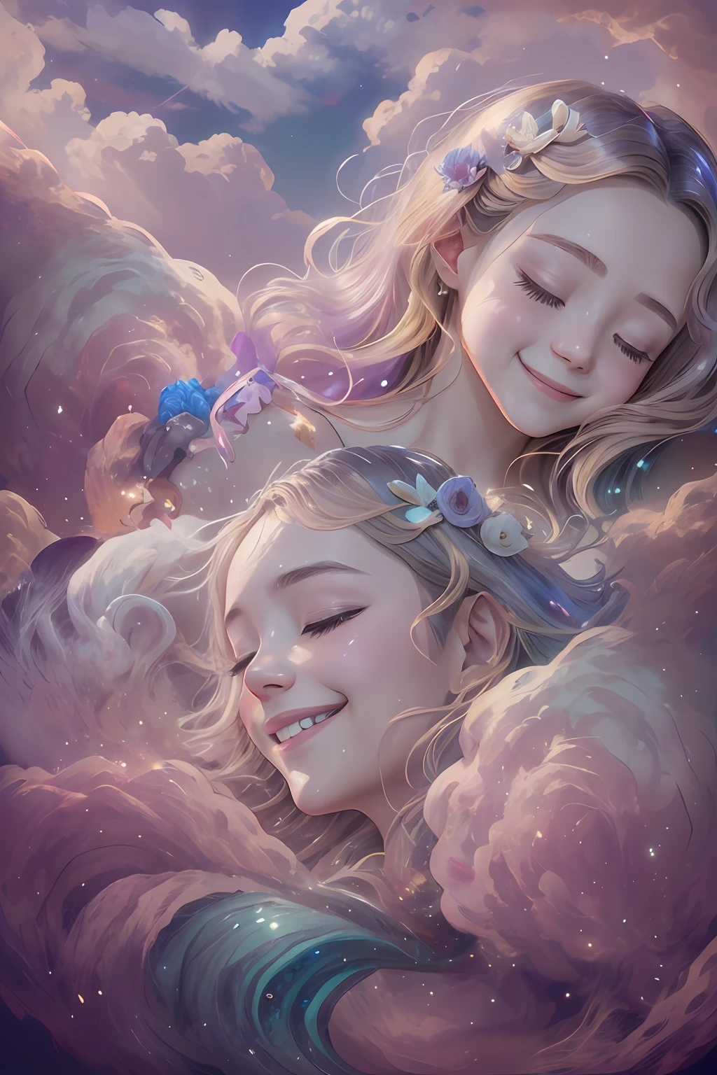 angelicales、Beautiful fece、Happy smile、Gentle background、clouds、Colorful clouds、siesta、Fantastical、Sleeping、Bright background、high-level image quality、tenderness、Joy、aureole 、 Sea Background -Auto