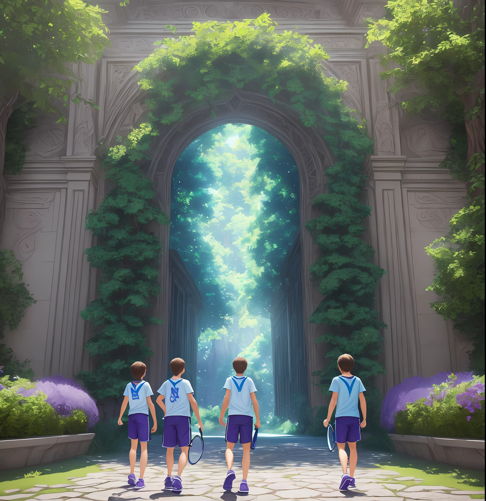 (two boys and two girls standing in front of a blue green and purple magic portal, full body shot,back view, telephoto lens,vibrant colours ,no blurry background,all with shorts and t-shirts, and tennis,cinematic lighting,CGI render,Beautiful photography,delicated features,good hair ,good hands,good leg,highly resolution,highly quality,symmetrical,crisp quality,intricate figure,unreal engine,trending on artstation,UHD,HDR,sharpness,hyper realism,realistic colour,ultra detailed concept art --auto --s2