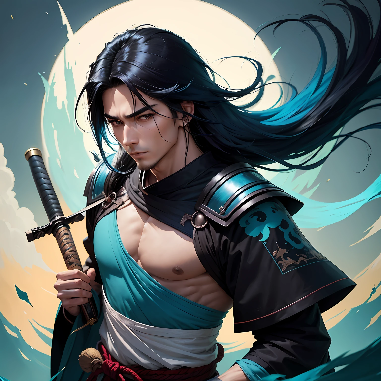 Black shoulder-length hair,The ends of the hair are cyan and dyed,Handsome,A patient expression,light laughter,strong,Male teenager,holding samurai sword,Wears cyan haori,anime big breast,Ghibli-like colors,god light,Anime style,super detailing,tmasterpiece,Award-Awarded,Anime comic style , --auto