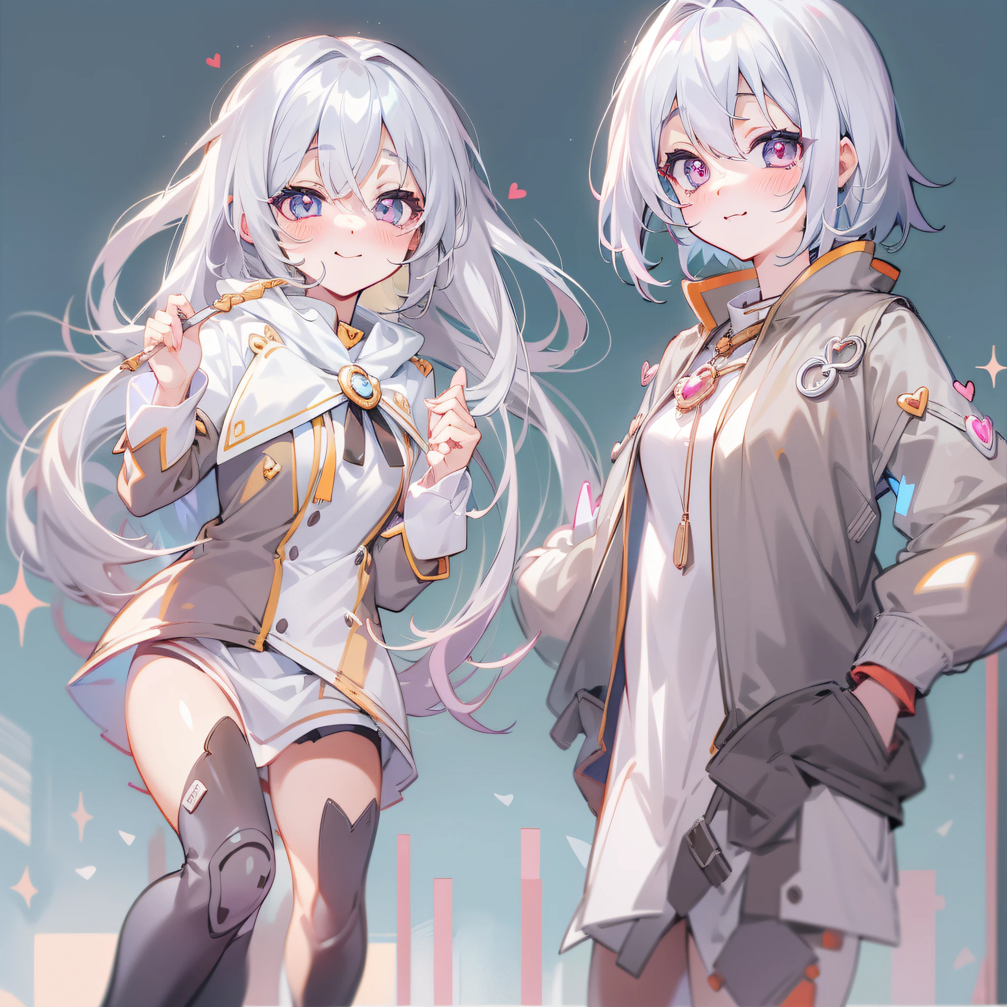 hair bobbles, wince, longeyelashes, solid circle eyes, light smile, ear blush, fang, silver hair, heart-shaped pupils, anime style, 8k, super detail, ccurate, best quality, UHD