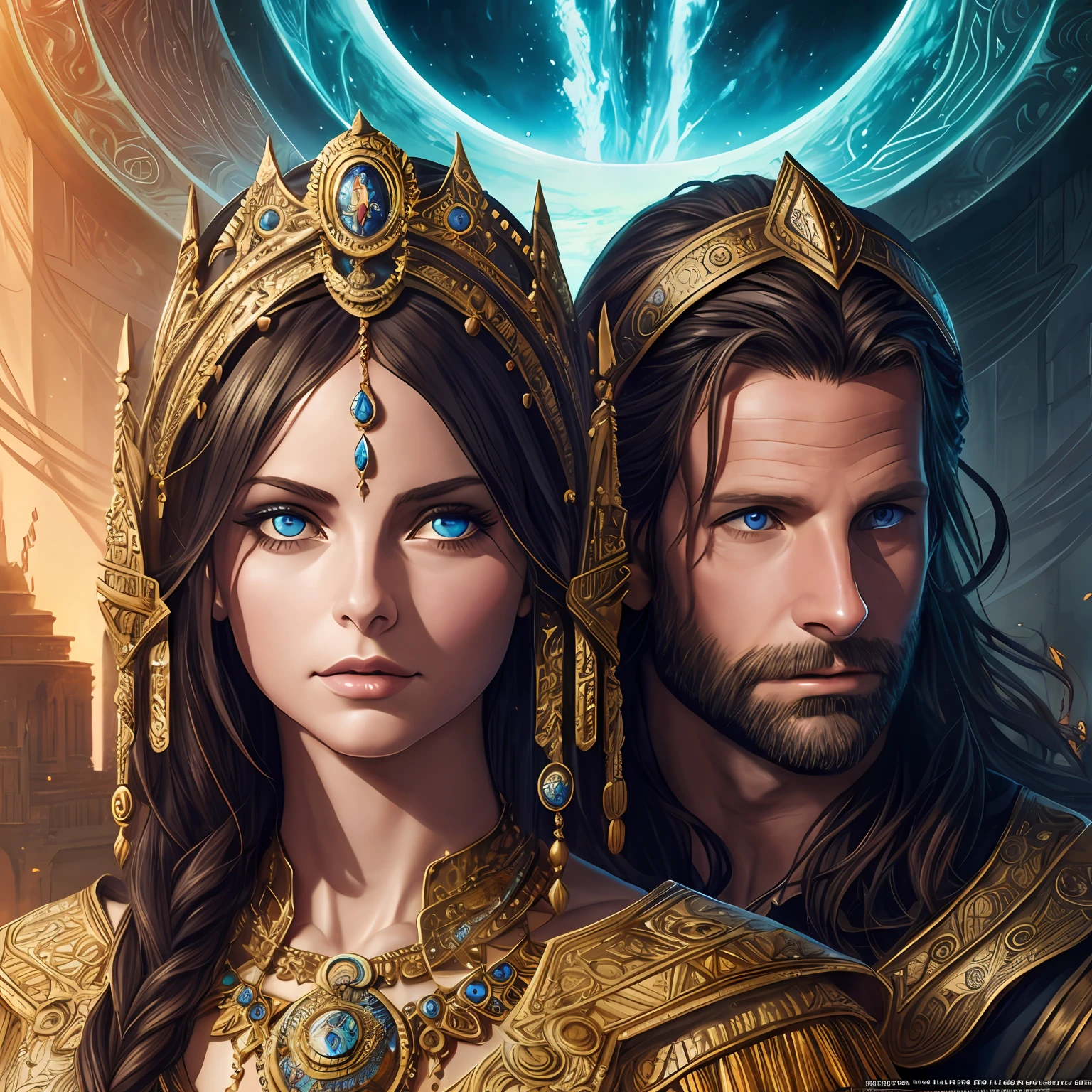 Cintura alta Retrato de Willa Holland e Bradley Cooper como filha e pai. They two are greek gods, both are dressed with blue and royal clothes, cinematic background, Rosto detalhado perfeito, detailed symmetric eyes with circular iris, Realistic, fotografia realista impressionante, 3D-rendering, octan render, intrinsecamente detalhado, cinemactic, trending on ArtStation, isometric, Centered hipereallistic cover photo, awesome full color, Hand drawn, Escuro, corajoso, Muito, Klimt, erte 12k |, High definition, cinemactic, Neoprene, Vencedor do concurso Behance, Retrato em destaque no Unsplash, arte digital estilizada, liso, Ultra High Definition, 8k, Motor Unreal 5, Ultra sharp focus, obra-prima de arte intrincada, agourento, epics, TanvirTamim, trending on ArtStation, por artgerm, h. r. Giger e Beksinski, altamente detalhado, vibrante