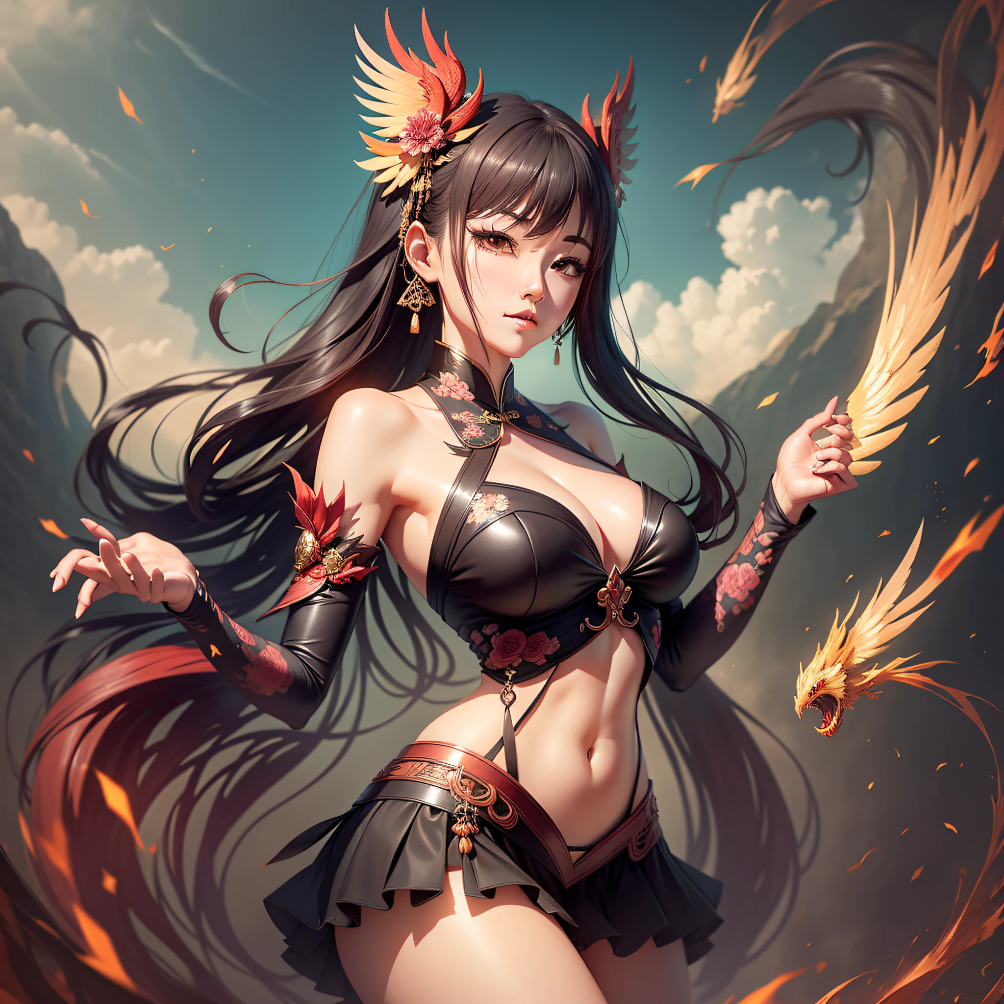 Official Art, 统一 8k 壁纸, ultra-detailliert, Beautifully Aesthetic, ​masterpiece, top-quality, (Zentangle, Tangles, entanglement), (Fractal art: 1.4), 1girl, A dark-haired, bare shoulders​, a short skirt, Calf, a navel, ighly detailed, dynamic ungle, cowboy  shot, (The most beautiful forms of chaos), A flowing, (bright colour), OC, (half: 1.2), Chinese big breasts, (Tanka Flying Sky: 1.5), (bow ribbon: 1.3), (Dreams: 1.5), (Han Feng: 1.5), Chinese Dragon, Chinese phoenix、(a smile:0.5)、(chinese deity)、3dcg