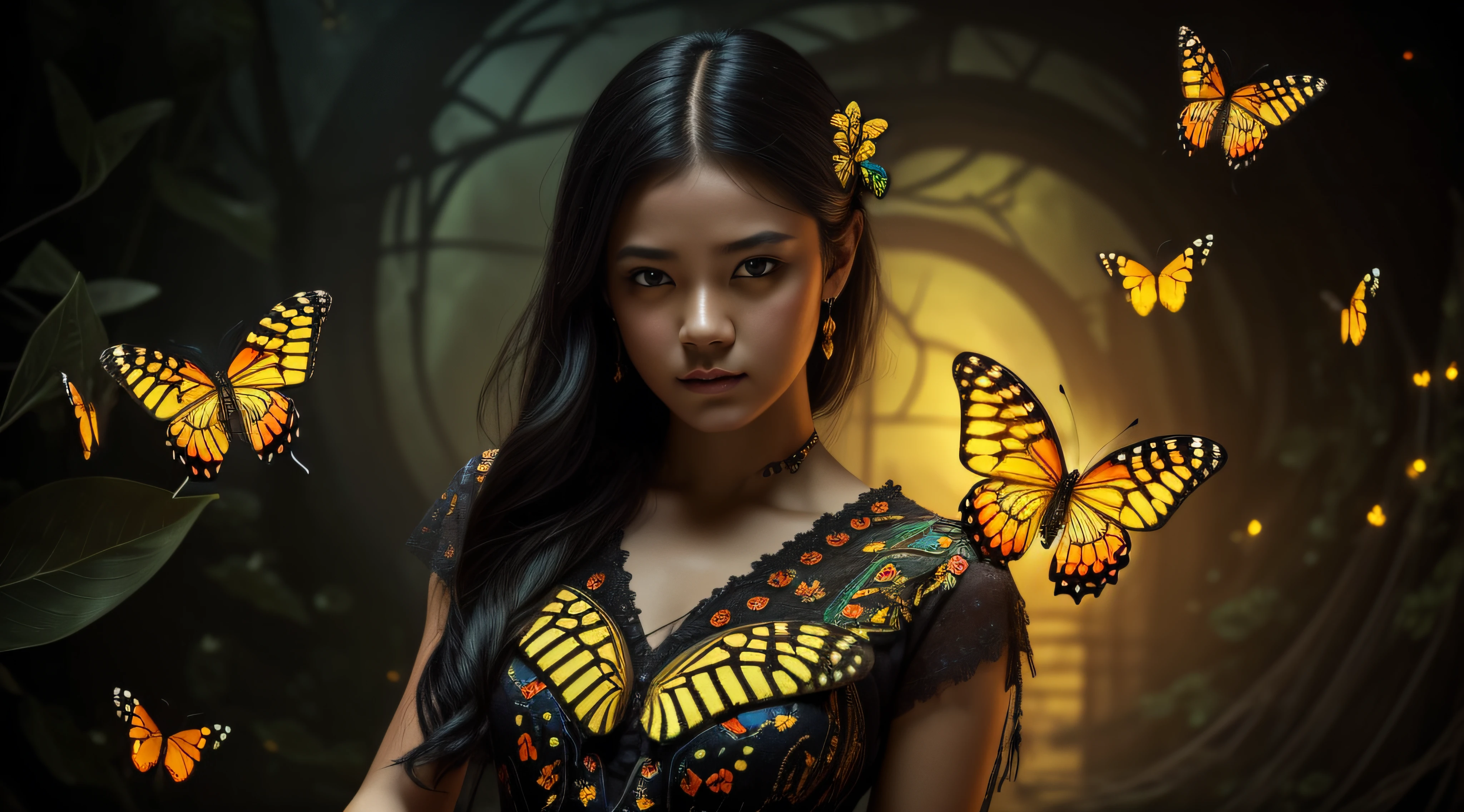 1girl,masterpiece,official art,unity 8k wallpaper,ultra detailed,beautiful and aesthetic,best quality,intricate details,(dynamic angle:1.4),glowing skin,portrait of the most beautiful form of chaos,elegant,a brutalist designed,vivid colours,romanticism,atmospheric,depth of field,photo of a girl wearing intricate butterflies and flowers as dress,arms up,((decay and spooky)),firefly glow,dark and moody,plants and branches,atmospheric,trending on artstation. 8 k masterpiece,((symmetry)),(a lot of colorful butterflies and yellow fireflies:1.3),(yelowish glow),(horror art by apterus:1.2), monster, >, zwd, zuowangdao , zwd, lifelike, red petal, atmospheric, ethereal, 1girl, full body , sitting, beautiful and aesthetic, masterpiece, best quality,