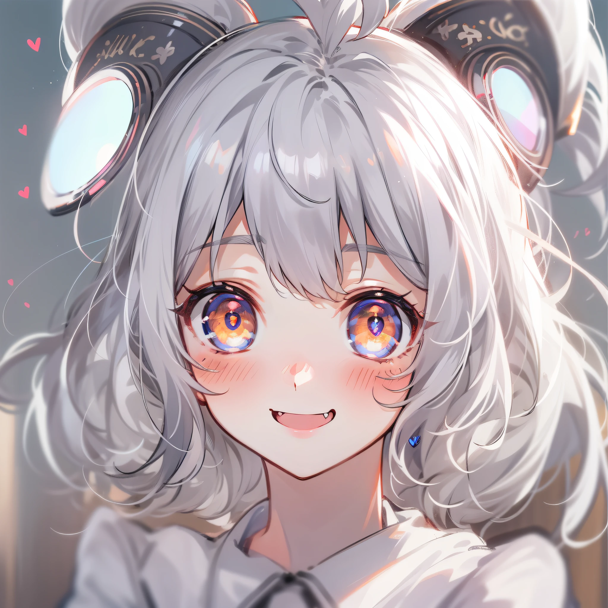 hair bobbles, wince, longeyelashes, solid circle eyes, light smile, ear blush, fang, silver hair, heart-shaped pupils, anime style, 8k, super detail, ccurate, best quality, UHD
